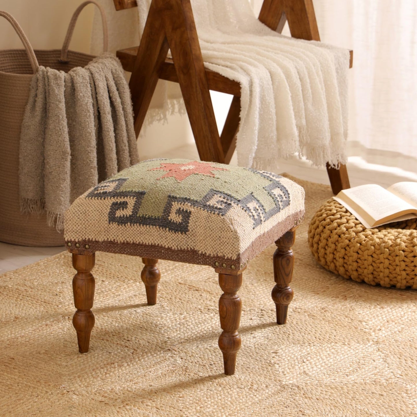 NATURAL FURNISH Solid Wood Upholstered Footstool | Handmade Southwestern Pattern Ottoman with Turned Wooden KD Legs | Decorative Accent Stool for Living Room, Entryway & End of Bed (Gray and Tan)