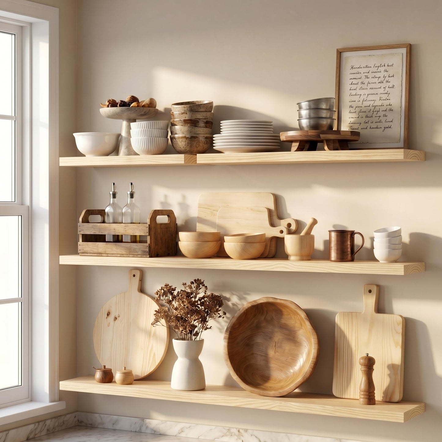 Fun Memories Solid Wood Floating Shelves for Wall, Set of 2 – 18 Inch Rustic Farmhouse Wall Shelf, Deep Natural Wood Storage Shelf for Kitchen, Living Room, Bedroom – Natural Clear Finish