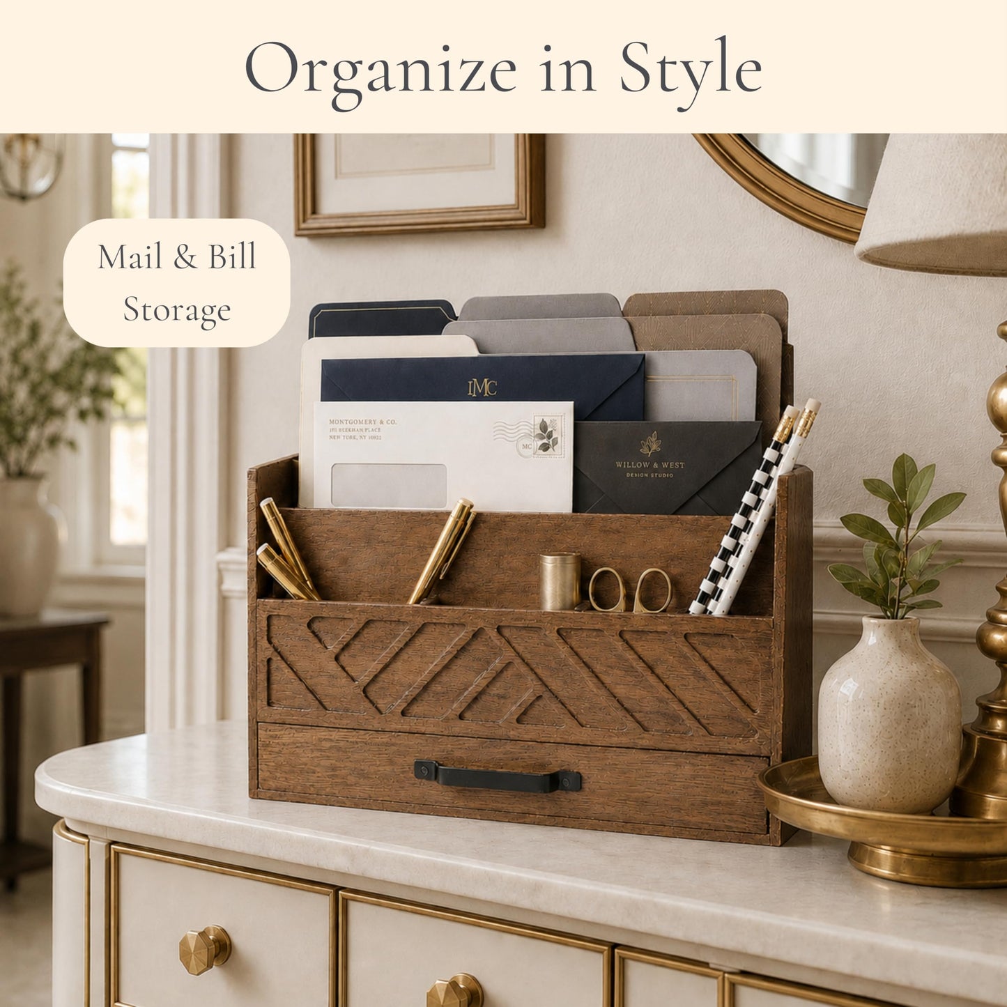 BLU MONACO | Wooden Mail Organizer with Drawer and Compartments | Mail Sorter Organizer Countertop for Desk Entryway | Outgoing Mail Holder Wood Desktop File Storage