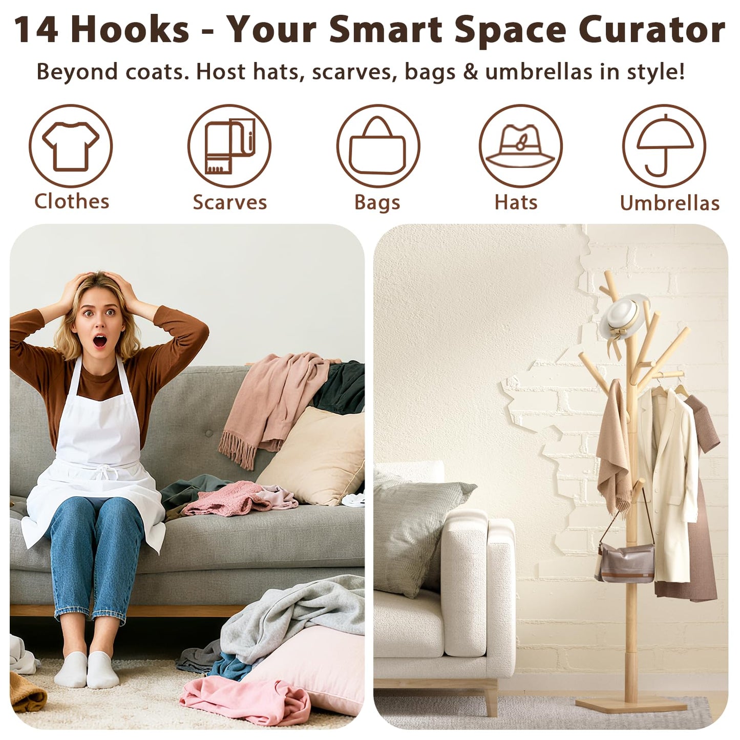 Solid Wood Coat Rack - Freestanding Coat Hat Rack Stand with 14 Hooks, Clothes Rack Heavy Duty Space Saving Entryway Coat Tree Hanger Rack for Coats Jackets Hats Bags, Adjustable Height (Natural)
