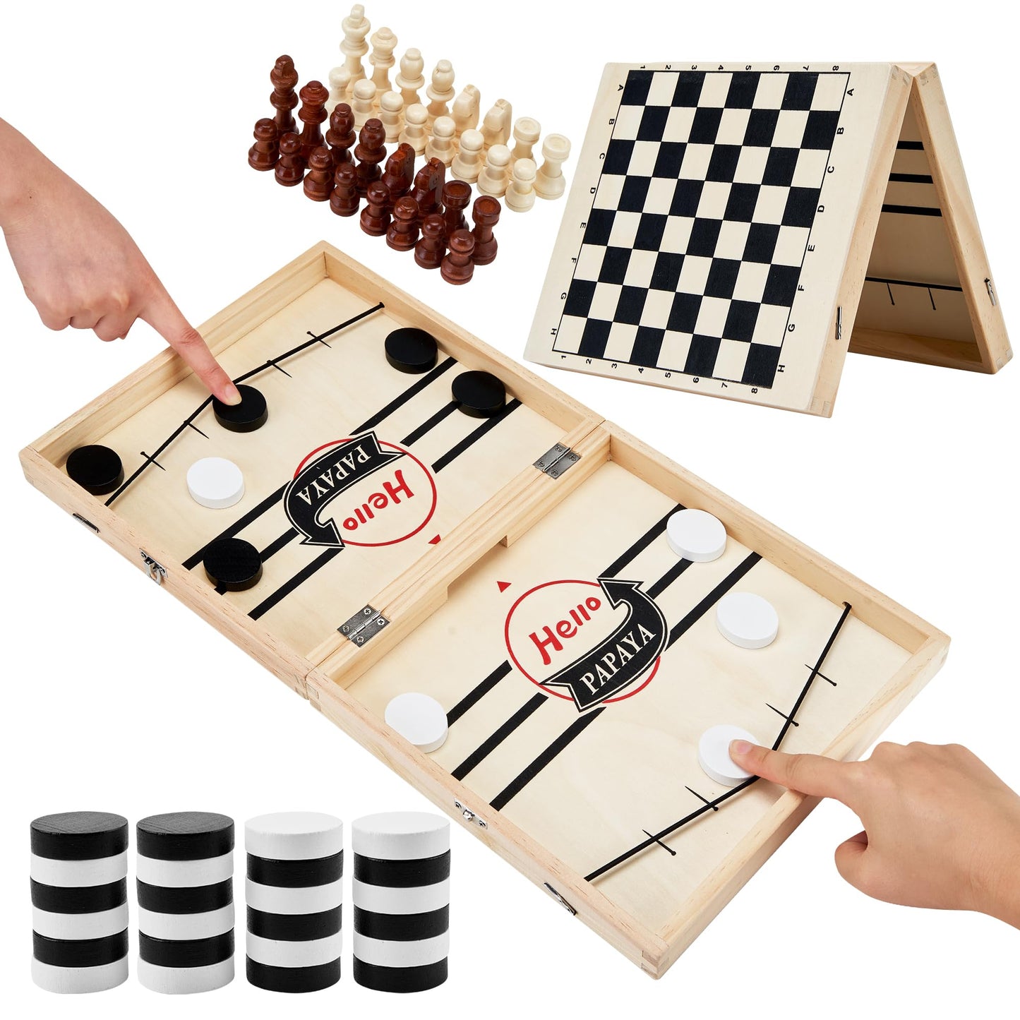 HELLO PAPAYA Foldable Fast Sling Puck Game with Chess Board and Checkers Board, Tic Tac Toe. Wooden Air Hockey Family Night,Table Games Gifts for Adults and Kids