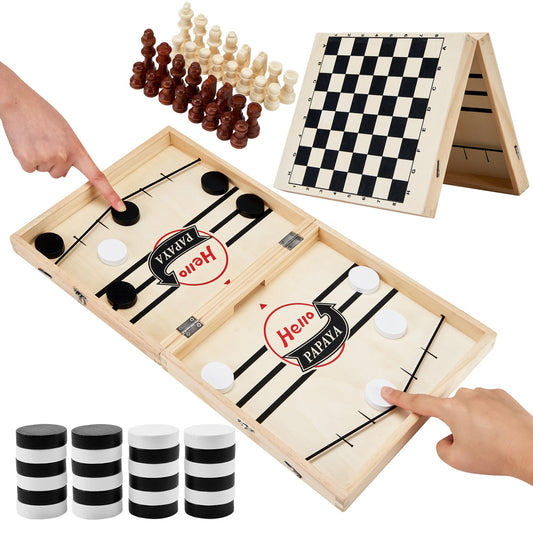 HELLO PAPAYA Foldable Fast Sling Puck Game with Chess Board and Checkers Board, Tic Tac Toe. Wooden Air Hockey Family Night,Table Games Gifts for Adults and Kids