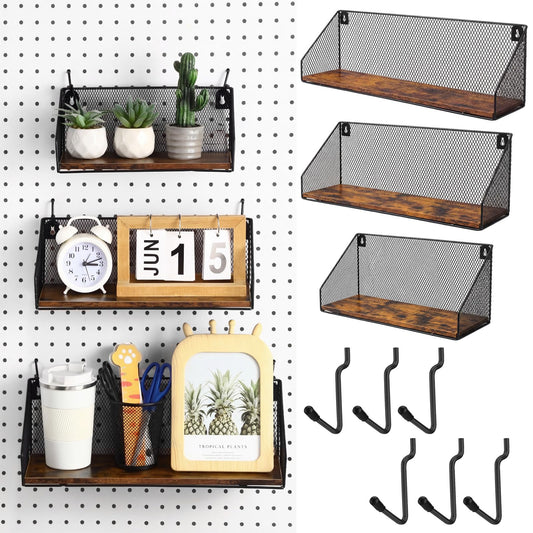 Ferrochef 3 Pack Pegboard Shelves with Hooks, Wall Mounted Grid Shelves, Pegboard Organizer Bins with Wooden Base, Heavy Duty Peg Board Storage Accessories for Kitchen, Bathroom, Garage, Office(Black)