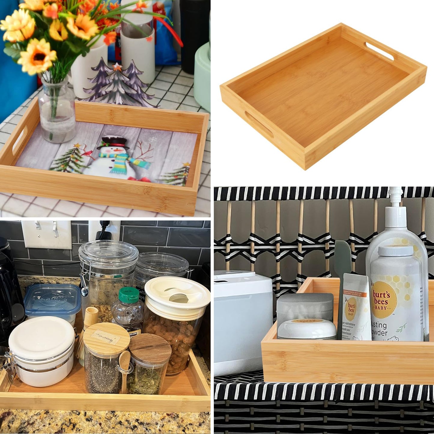 Geytetqi 3 Pack Large Bamboo Serving Tray with Handles, 14 x 10 inch Wooden Dinner Tray, Home Kitchen Breakfast Trays for Living Room Bedroom Kitchen Dinner Table, Picnic