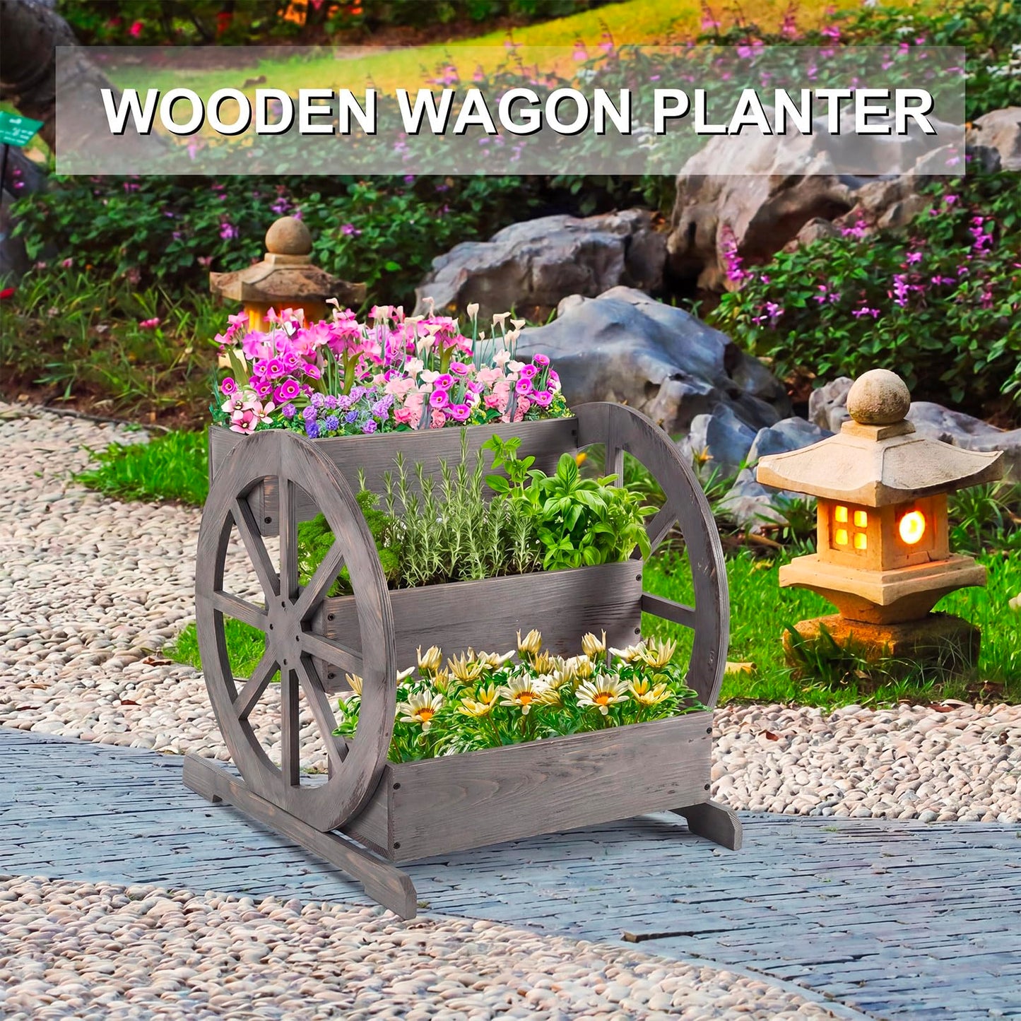 Beeveer Wooden Wagon Planter Box Garden Planter for Outside with Drainage Holes Decorative for Patio Garden Balcony Vegetables Flowers Herbs(Washed Antique Gray)