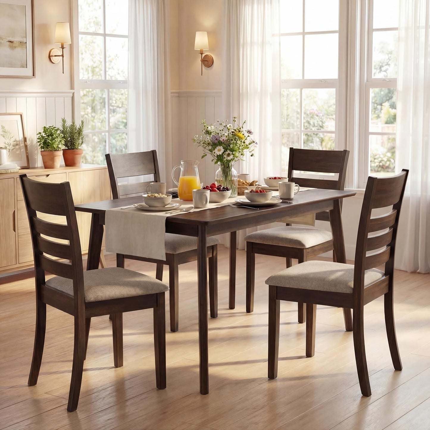 COSTWAY Wooden Dining Chairs Set of 2, Solid Rubberwood Frame Kitchen Side Chairs w/Upholstered Padded Seat & High Slat Back, Mid-Century Modern Dining Chair for Dining Room Kitchen (Light Brown)