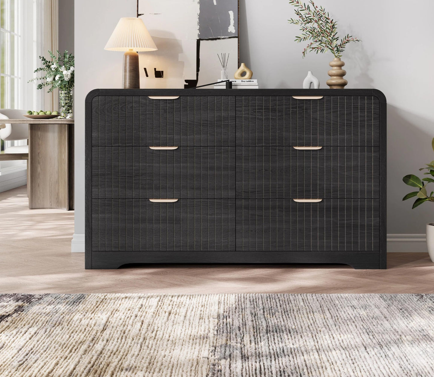 Jocoevol Modern 6 Drawer Dresser for Bedroom, 47" Wide Wood Dressers & Chests of Drawers Curved Profile Design, Mid Century Modern Fluted Dresser for Bedroom, Black Dresser