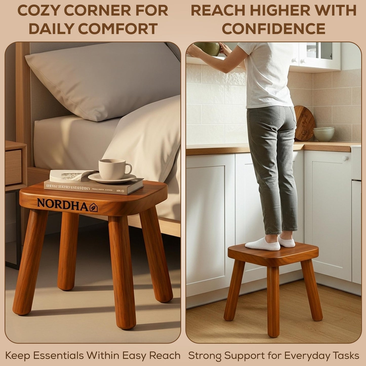 NORDHA Wooden Stool Chair, 9.3 Inch Child's Chair, Lightweight 1.4 Kg, Ideal for Bedroom or Playroom, Durable Taburete, Compact Design, Natural Finish (Walnut Color)