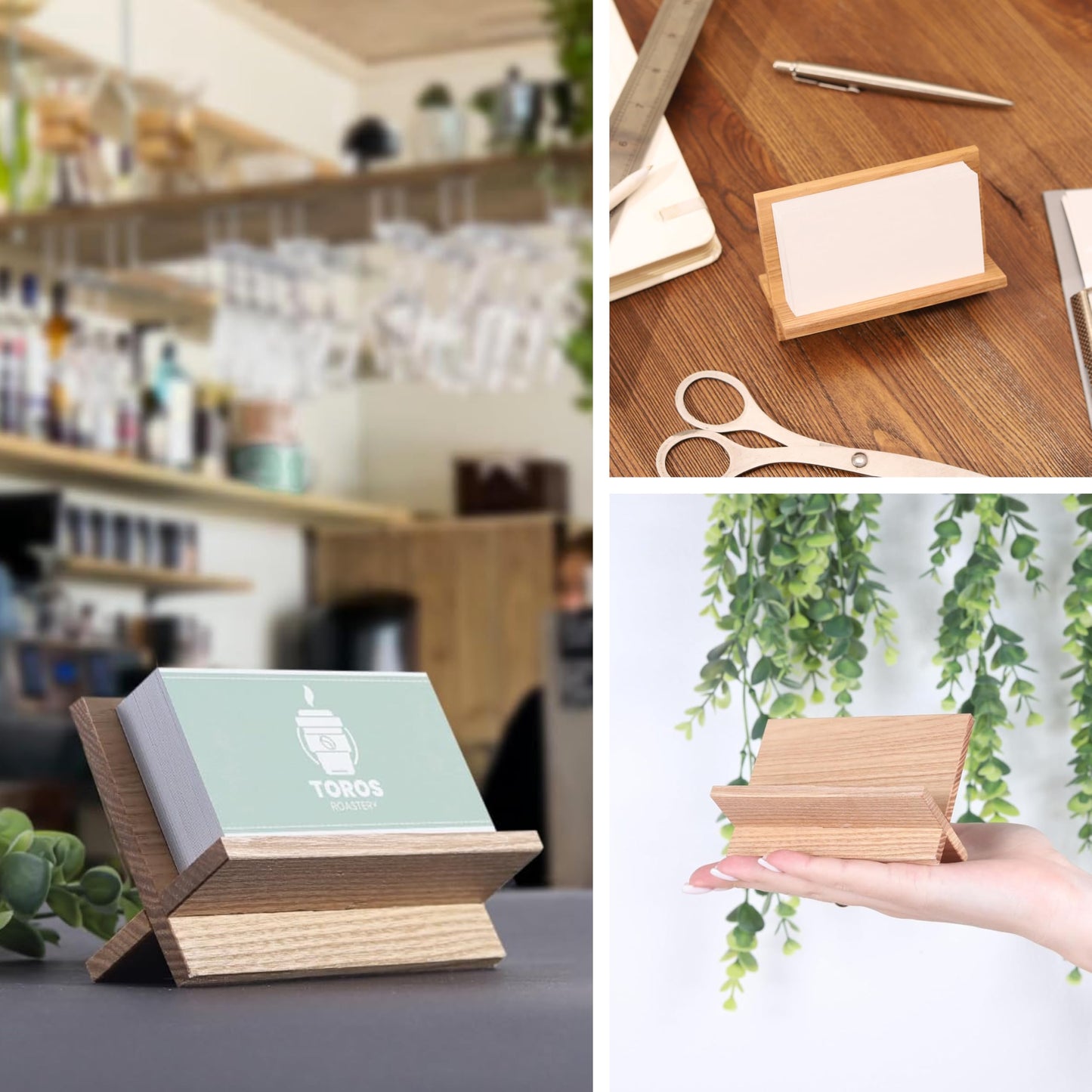 TOROS store Business Card Holder for Desk - Light Beige Wood Small Cards Holders, Professional Desktop Business Card Stand Display, Wooden Name Card Holder, Modern Design Office Business Cards Holder