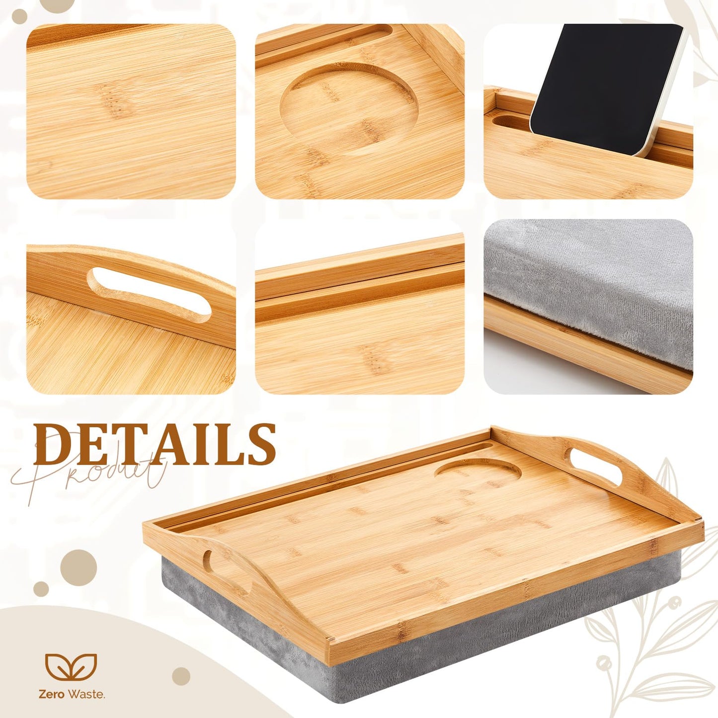 Pickmesh 1 Pcs Bamboo Lap Tray with Detachable Pillow Wood Bed Food Trays with Cushion 16.9 x 13 Inch for Adults Elderly Eating Food Breakfast Dinner in Recliner (Wood Color)