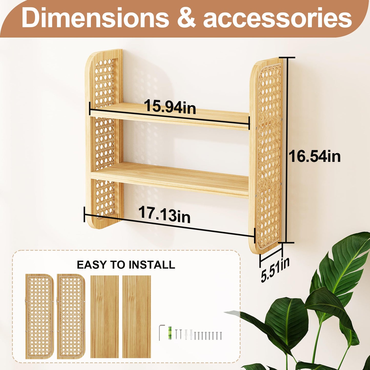 LUPWNEKA Natural 2-Tier Rattan Shelf - Wall Mounted Woven Boho Shelves, Handmade Rattan Display Shelf for Entryway, Nursery, Kitchen, Bathroom & Living Room