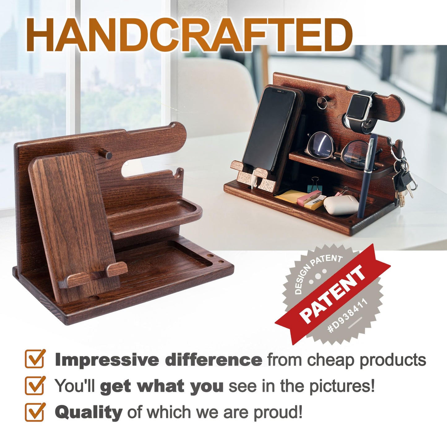 TESLYAR Wood Phone Docking Stations for Men - Desk or Nightstand Organizers