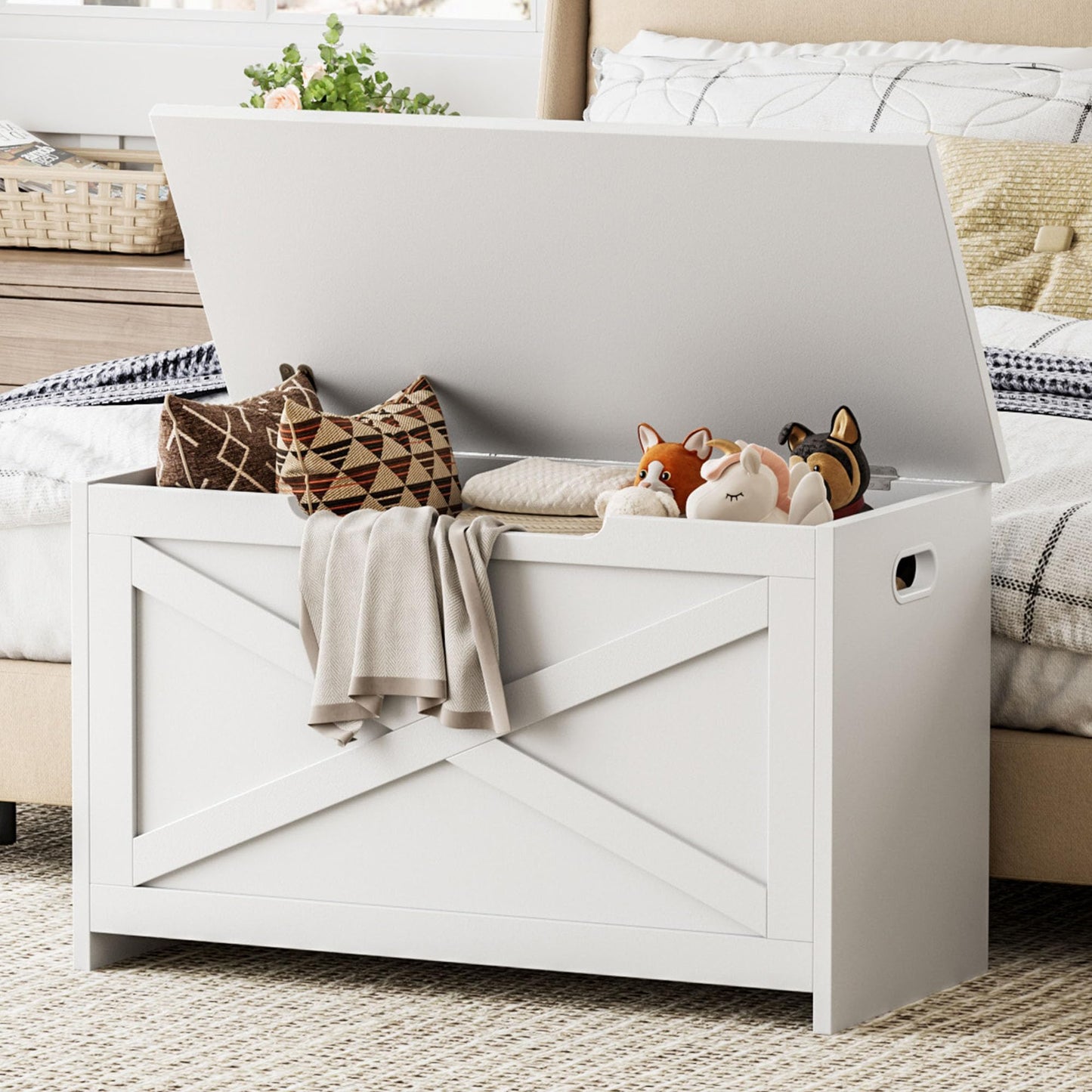 IDEALHOUSE 30" Storage Chest, Toy Chest for Kids, Wooden Large Toy Box, Storage Bench with Safety Hinge, Farmhouse Storage Trunk for Entryway, Living Room, Bedroom, Playroom, Matte White
