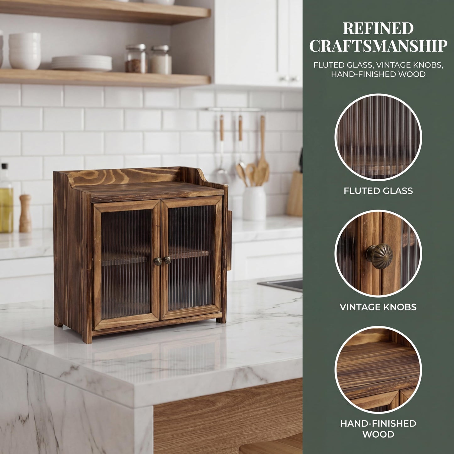 ZOOIQ Farmhouse Wooden Bread Box with Double Fluted Glass Doors, 2-Tier Counter Corner Storage Cabinet, Rustic Kitchen Countertop Organizer for Bread Coffee Spices