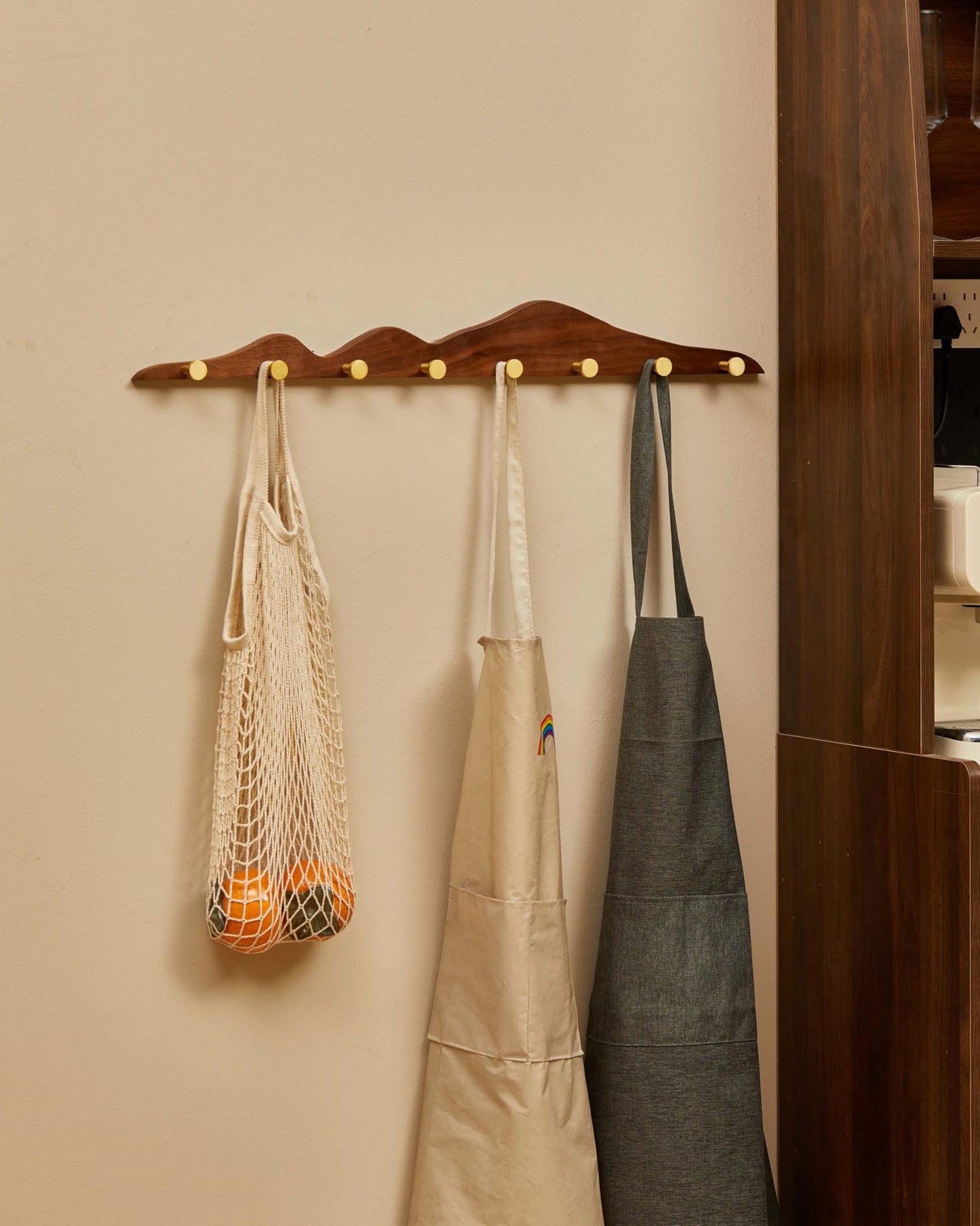 Wood Coat Hooks Wall Mount - Wooden Coat Rack with 8 Gold Brass Hooks for Entryway Bathroom Bedroom, Modern Decorative Wall Hooks Heavy Duty Organizer for Hanging Clothes Hats Bags Robes Towels Purse