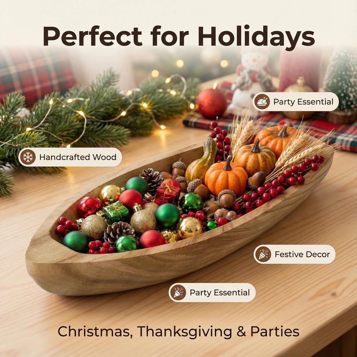 Handcrafted Boat-Shaped Solid Wood Serving Tray (11.6 x 4.5 x 2.2 inches) – Decorative Wooden Appetizer Platter for Home Parties, Game Nights, Snacks, and Desserts – Natural Wooden Boat