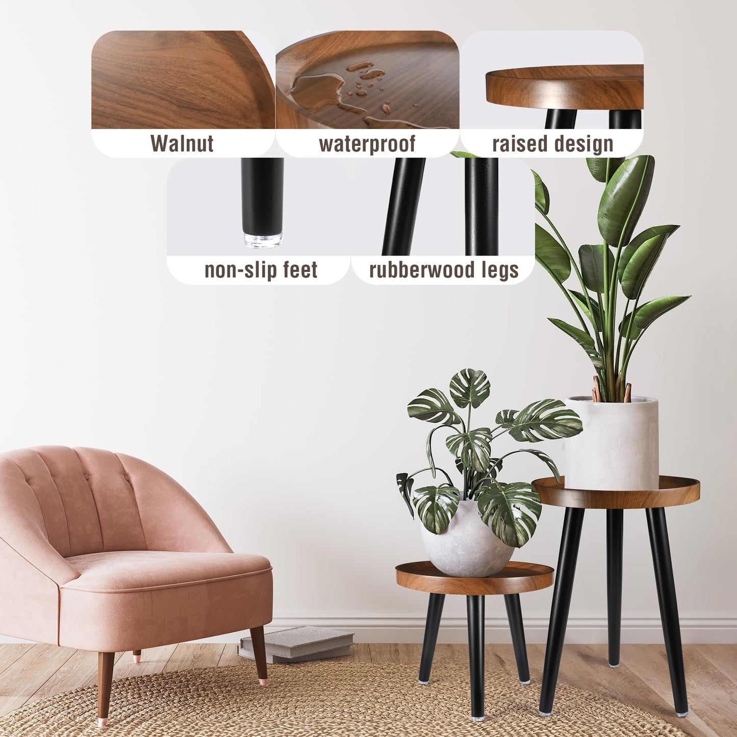KGPLOME Indoor Plant Stand,Wood Mid Century Plant Table in Walnut Finish,Tall Plant Stand for Flower Pot,Modern Round Small Side End Table with Raised Design (Walnut, 12"x18" 2 Pack)