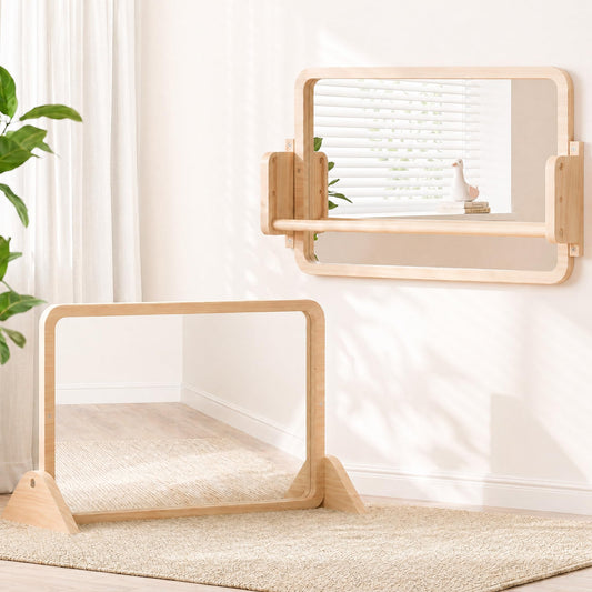 Woodtoe 3-in-1 Montessori Mirror with Bar, Adjustable Toddler Mirror & Pull Up Bar, Montessori Learning Toy for Baby 6-18 Months, Nursery Mirrors, Natural Wood Furniture for Daycare, Kids Classroom