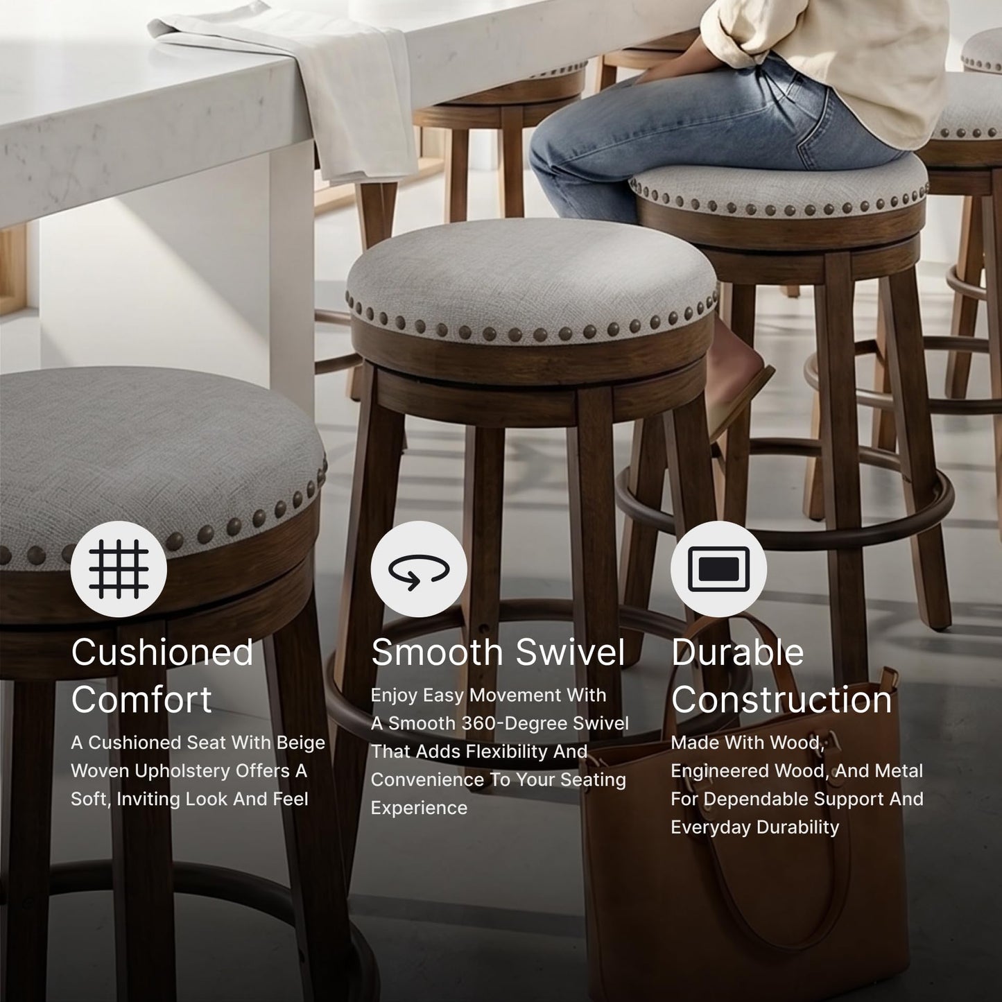 Signature Design by Ashley Valebeck Upholstered Swivel Stool, Cushioned Seat, Woven Fabric Upholstery, Wood, 24" H, Brown & Black