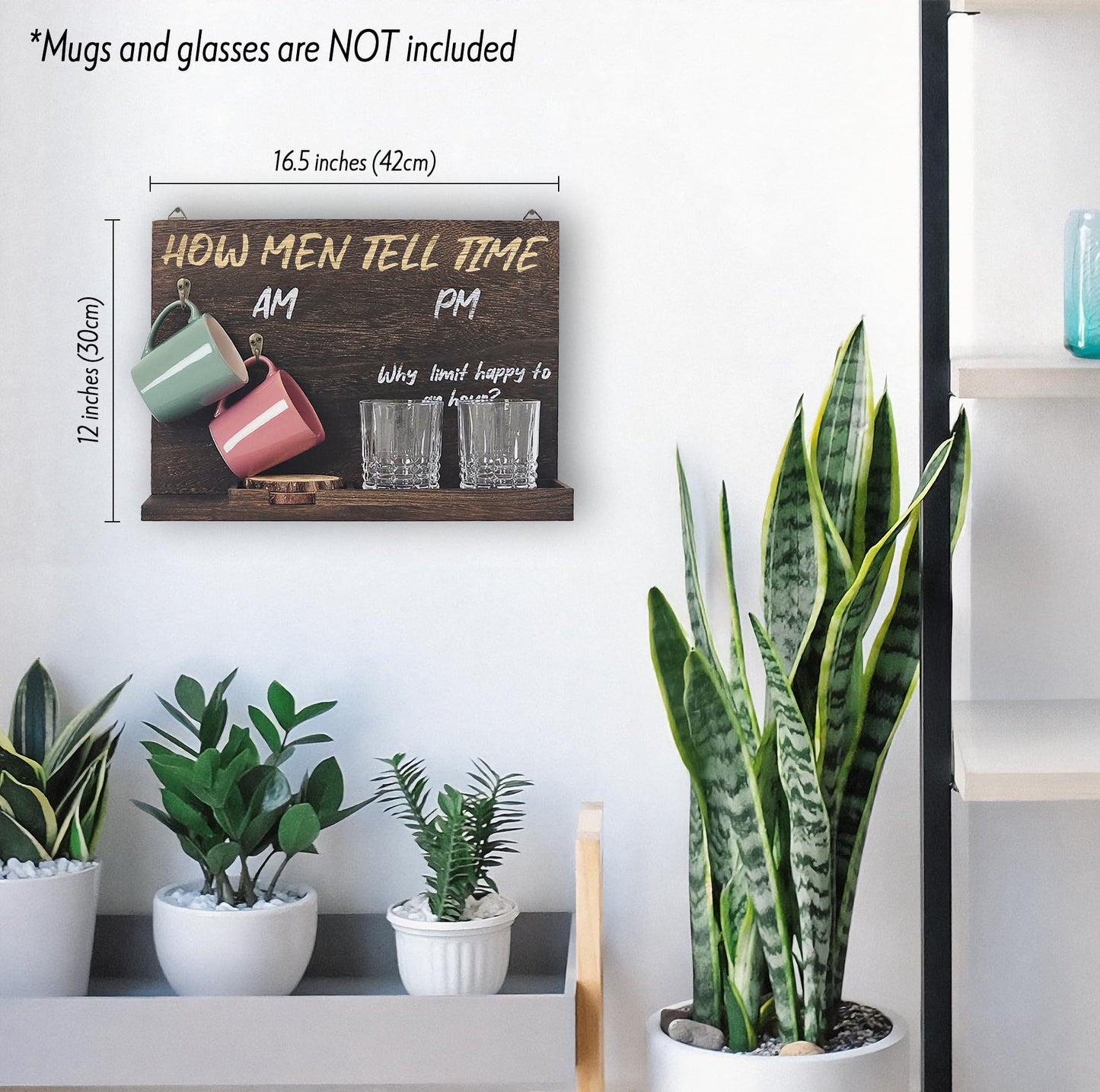 Wall Mounted or Tabletop Wooden Drinkware Board | AM/PM Coffee Mug and Alcohol Glass Holder | Funny Gift for Men, Dad, Husband, Christmas - Fits Wine, Whiskey, Beer Glasses | Glasses Are Not Included