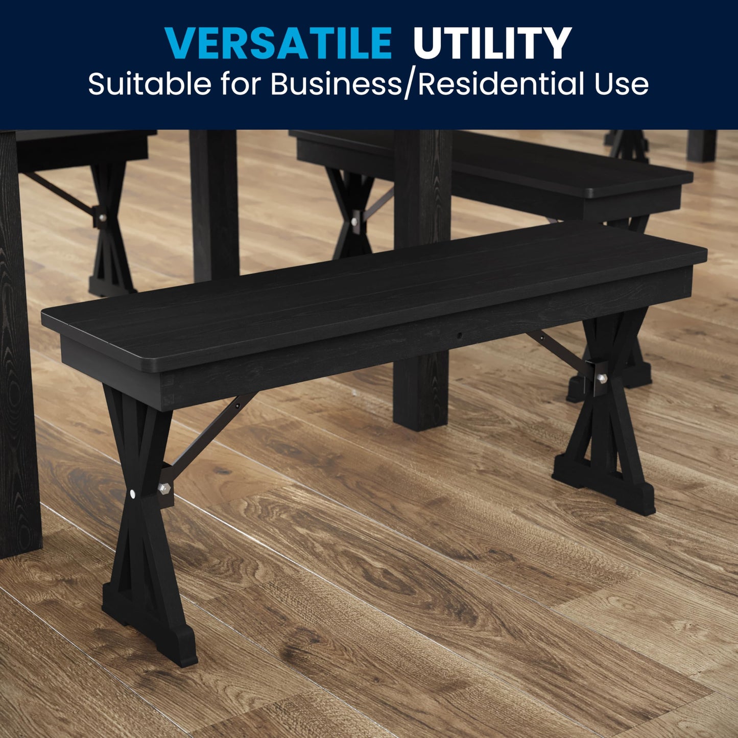 Flash Furniture Hercules Commercial Farmhouse Folding Bench, Antique Solid Pine Entryway Bench, Foldable Locking X-Legs, 40" x 12", Black Wash