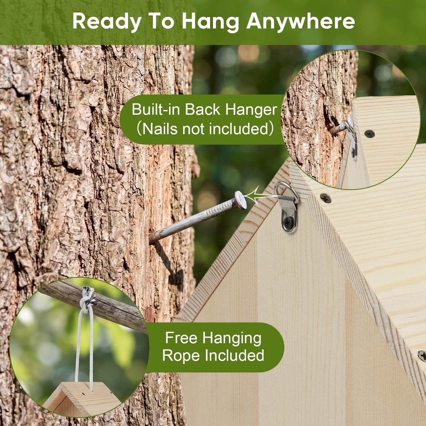 Bird House for Outside Hanging, Wooden Bird Houses for Outdoors with Feeding Tray, Bird Nesting Box for Garden Patio Tree Fence, Easy Clean Birdhouse with Hanging Rope for Small Wild Birds
