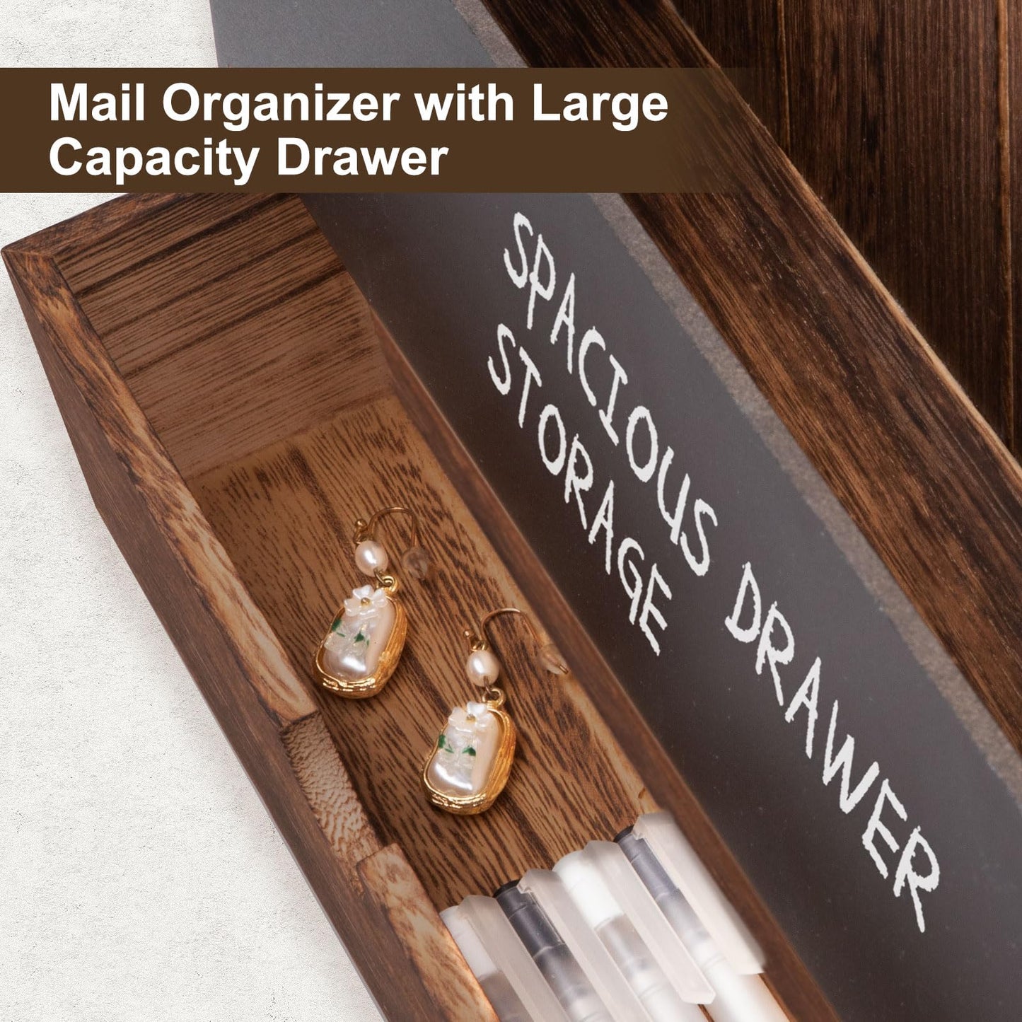 Lucundm Mail and Key Holder Wall Mount with Storage Drawer – Modern Wooden Mail Organizer for Wall Entryway, 7 Key Hooks & Chalkboard Panel – Stylish Home Decor for Apartments, Living Room, Office