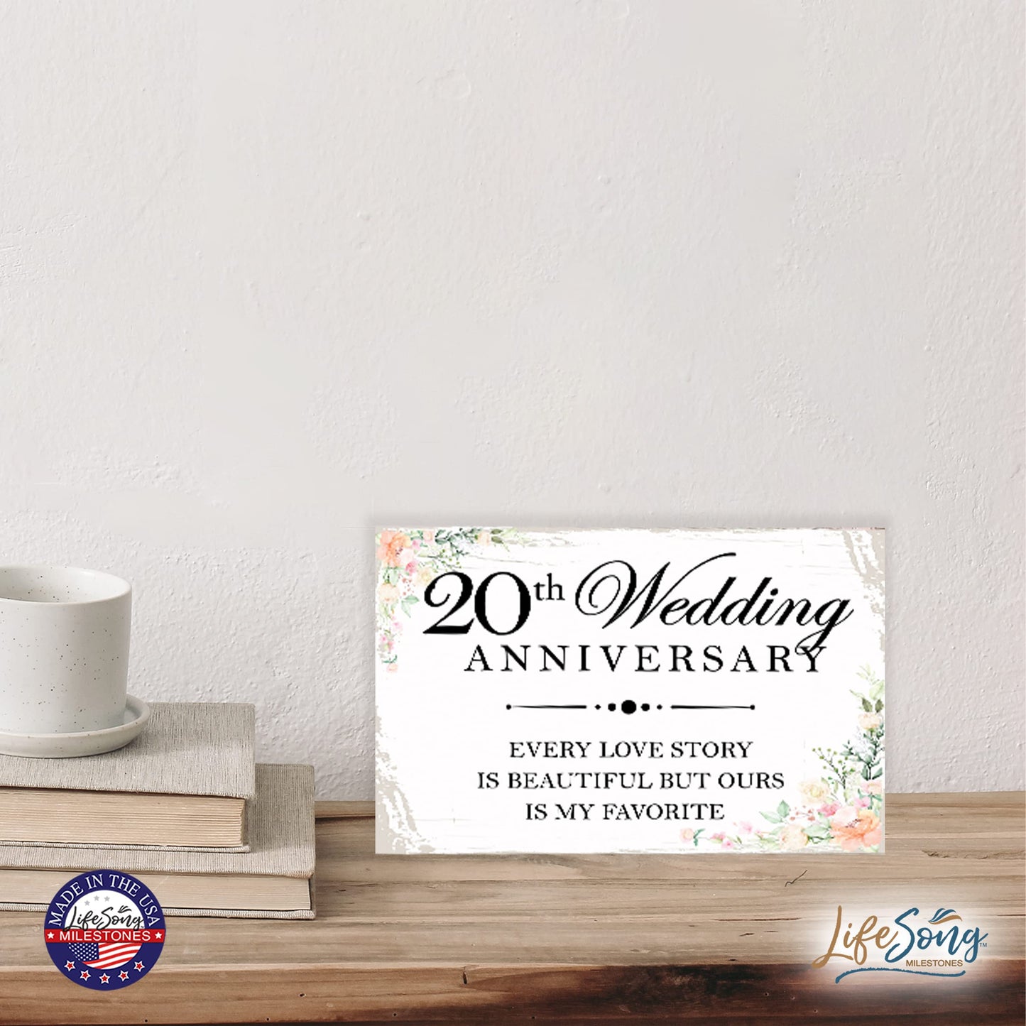 LifeSong Milestones Anniversary Shelf Sitter 5.5x8 - Table Top Décor for Wedding for Couples, Parents, and Her - Wooden Décor (20th White Every Love Story)