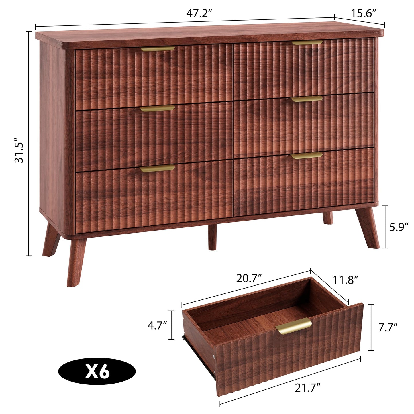 GarveeHome Fluted Dresser for Bedroom with 6 Deep Drawers, 47.2 in Wide Modern Chest of Drawers, Wooden Dresser TV Stand, Curved Profile Design, for Living Room, Kids Room, Hallway, Walnut