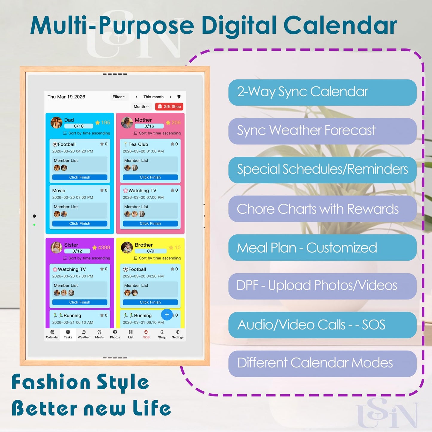 USIN 15.6 inch Wooden Digital Calendar, Wall Touch Screen Home Organizer, Family Chore Charts and Meal Planner, Interactive Display schedule, Desk and Wall Mounted, Smart Electronic Calendars with Free App