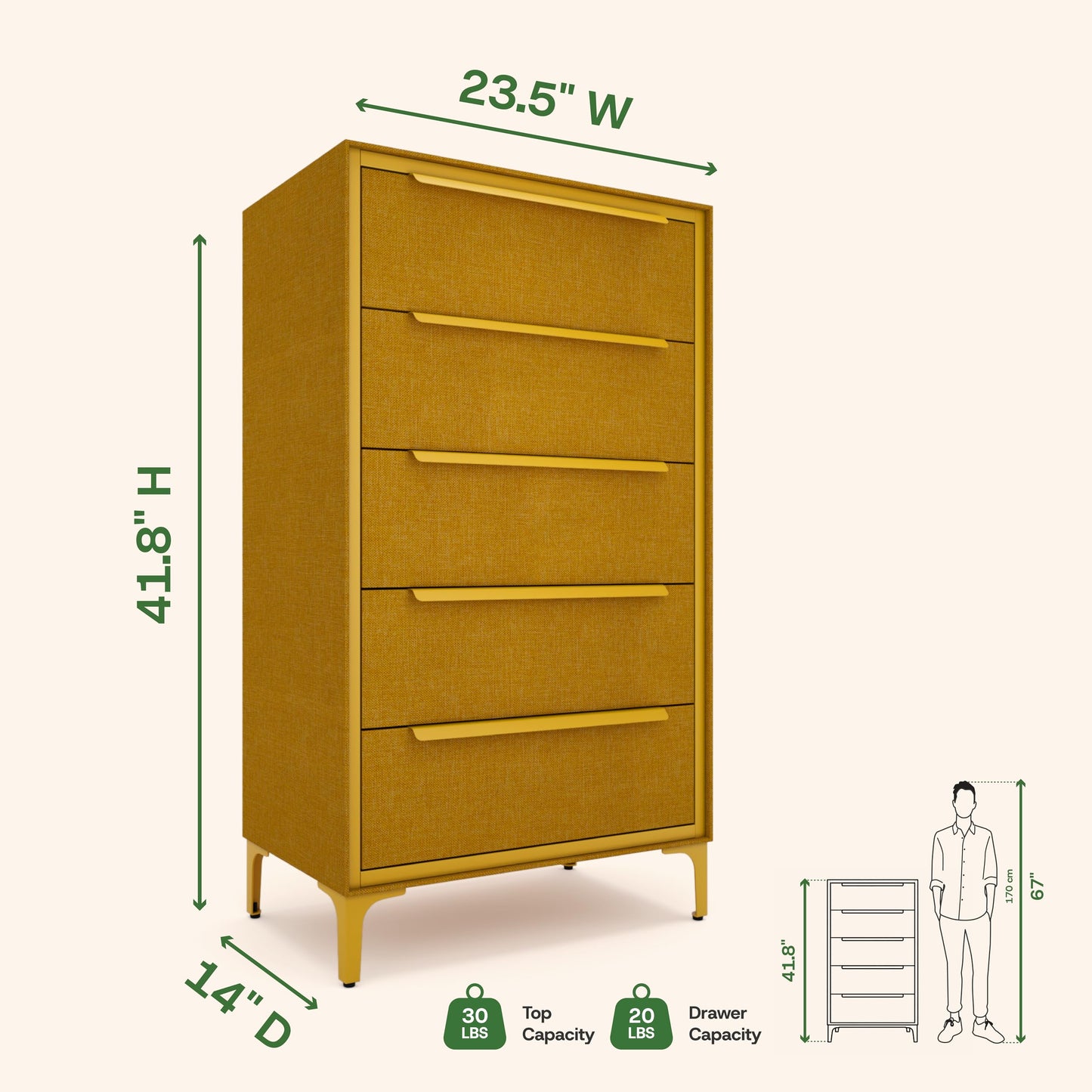 tinge Naima Premium Fabric Dresser - Strong Metal Frame, 5 Spacious Sag-Proof Drawers with Sleek Metal Handles - Premium & Durable Storage Solution for Your Home (Yellow)