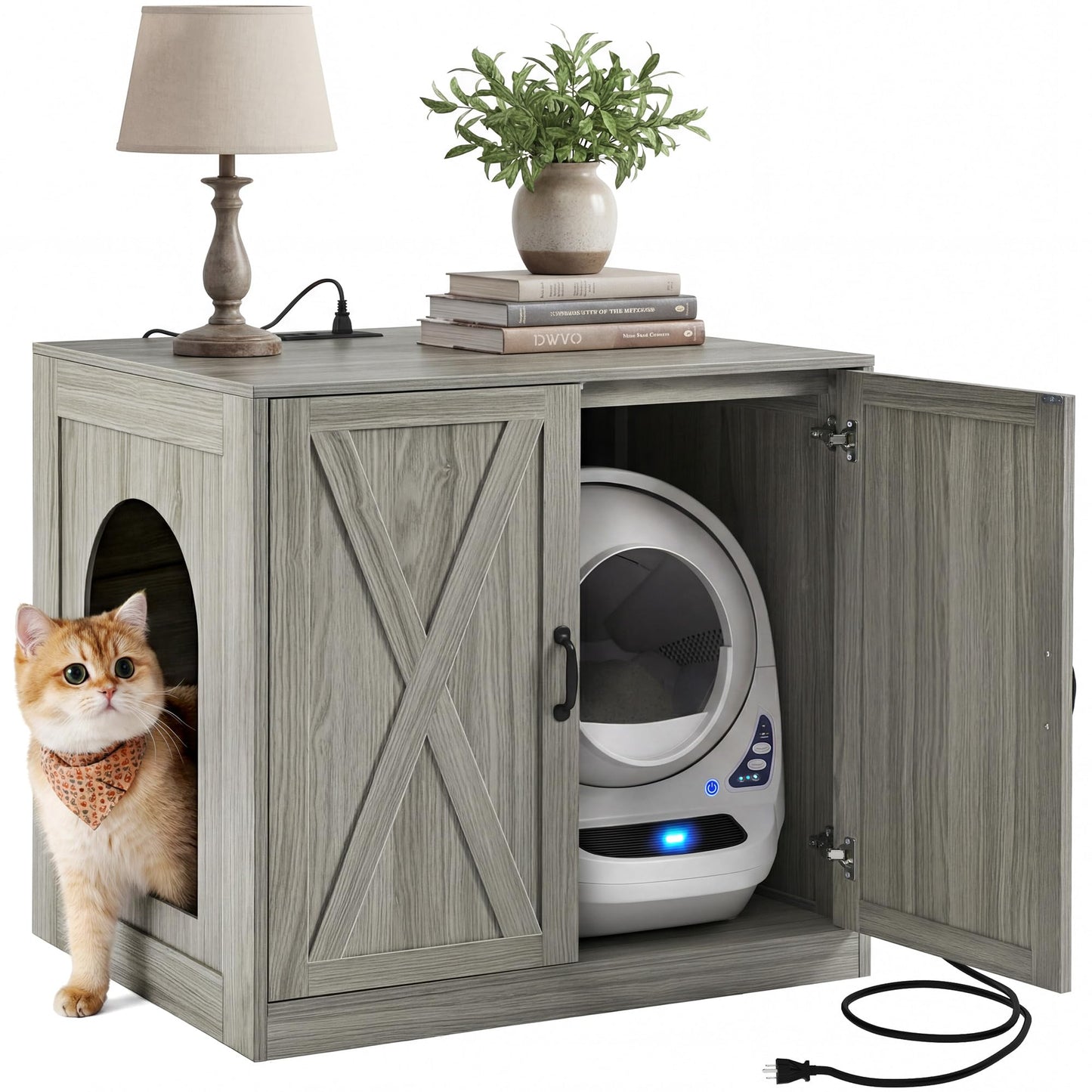 YITAHOME Large Hidden Litter Box Furniture with Power Outlets, Wooden Cat Litter Box Enclosure for Self-Cleaning Litter Boxes, Indoor Wooden Storage Cat Cabinet, Wash Grey