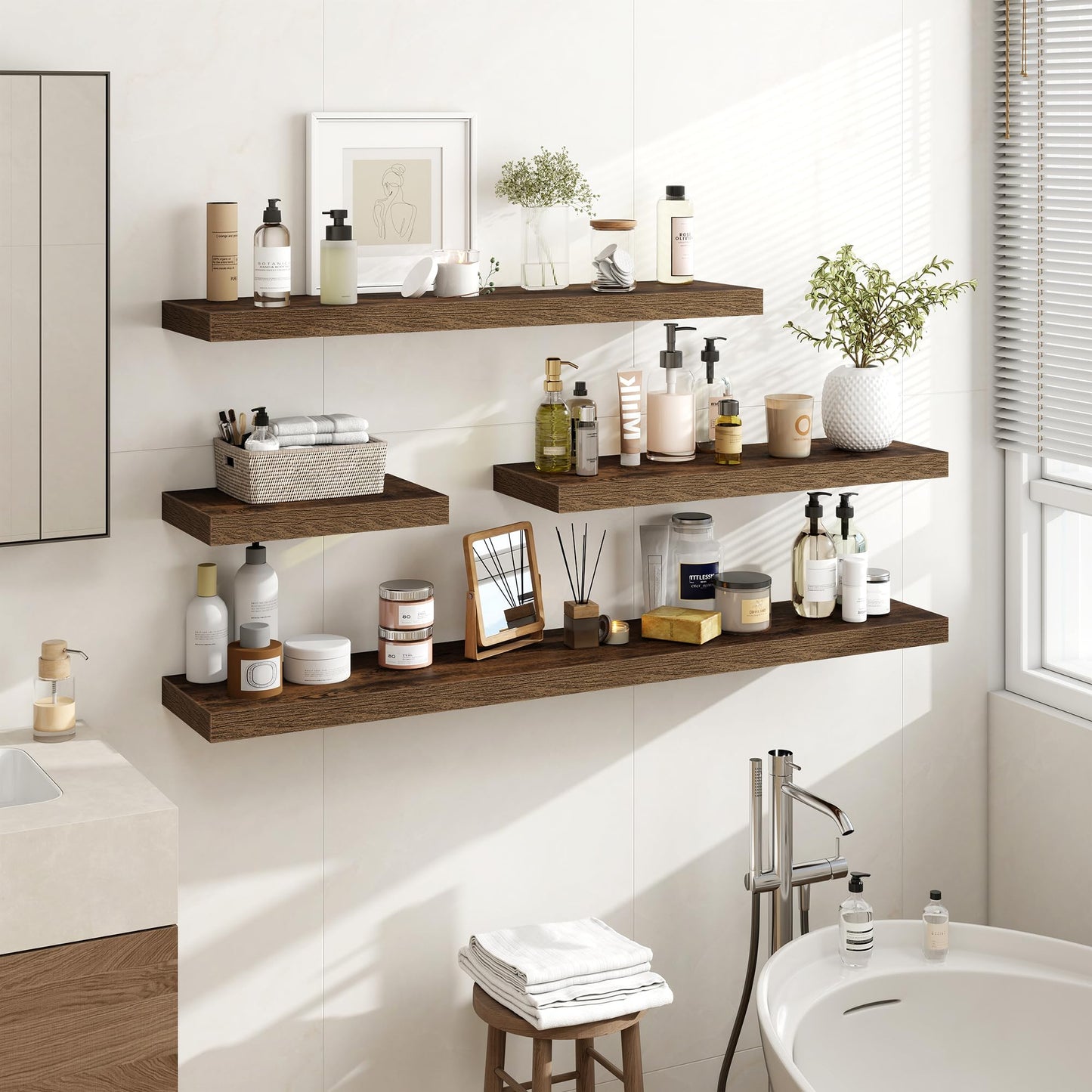 Acovy 55 Inch Floating Shelves, 55"x9.25"x1.5" Inch Deep Floating Shelves for Wall, Wooden Shelves for Bathroom, Bedroom, Living Room, Brown, 1 Piece