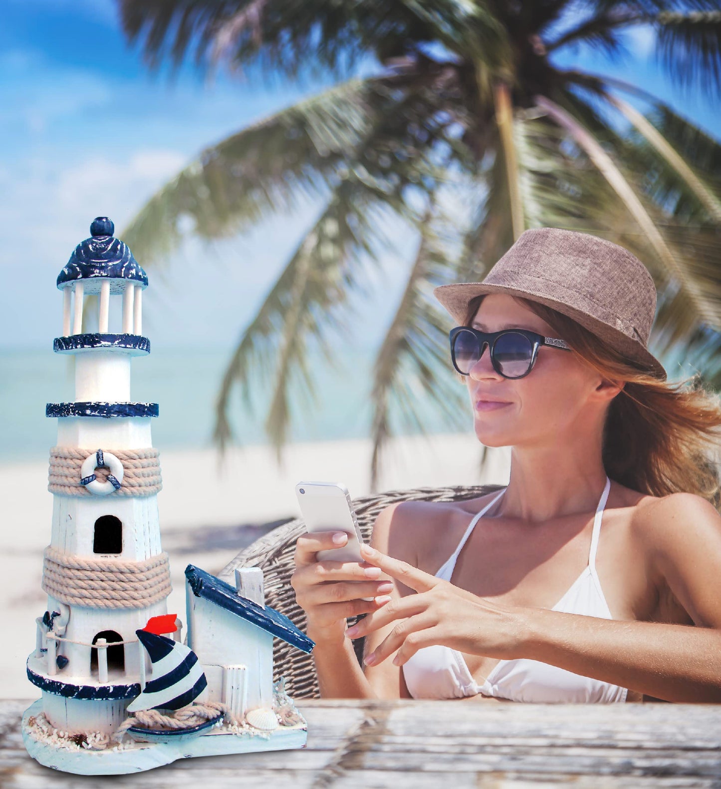 COTA Global Ocean Blue Lighthouse Decor - Handmade and Crafted Wooden Lighthouse Decoration with Sailboat Figure, Nautical Themed Home Decor – 13.5 Inch
