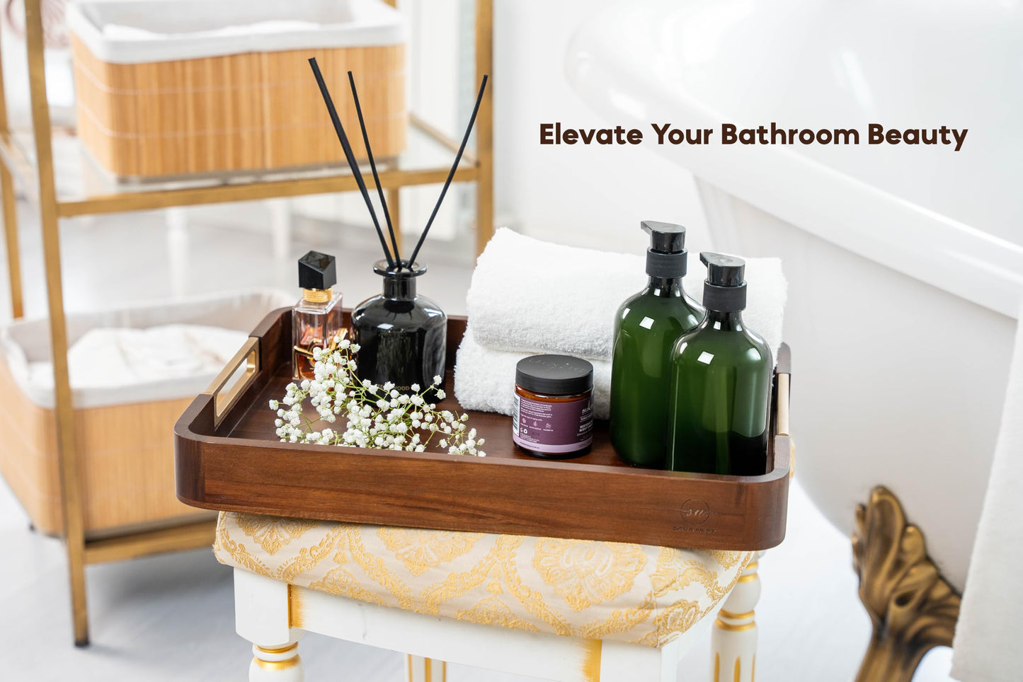 SARA NEST Premium Acacia Wooden Decorative Serving Tray with Gold-Tone Aluminum Handles, Versatile Serving Tray for Ottoman, Coffee Table, Living Room, Kitchen, Designed for Organizing & Home Decor