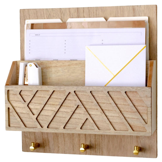 BLU MONACO Wall-Mounted Mail and Key Holder – Natural Wood 2-Tier Letter Organizer with 3 Hooks | Entryway Command Center for Mail, Keys, and Documents