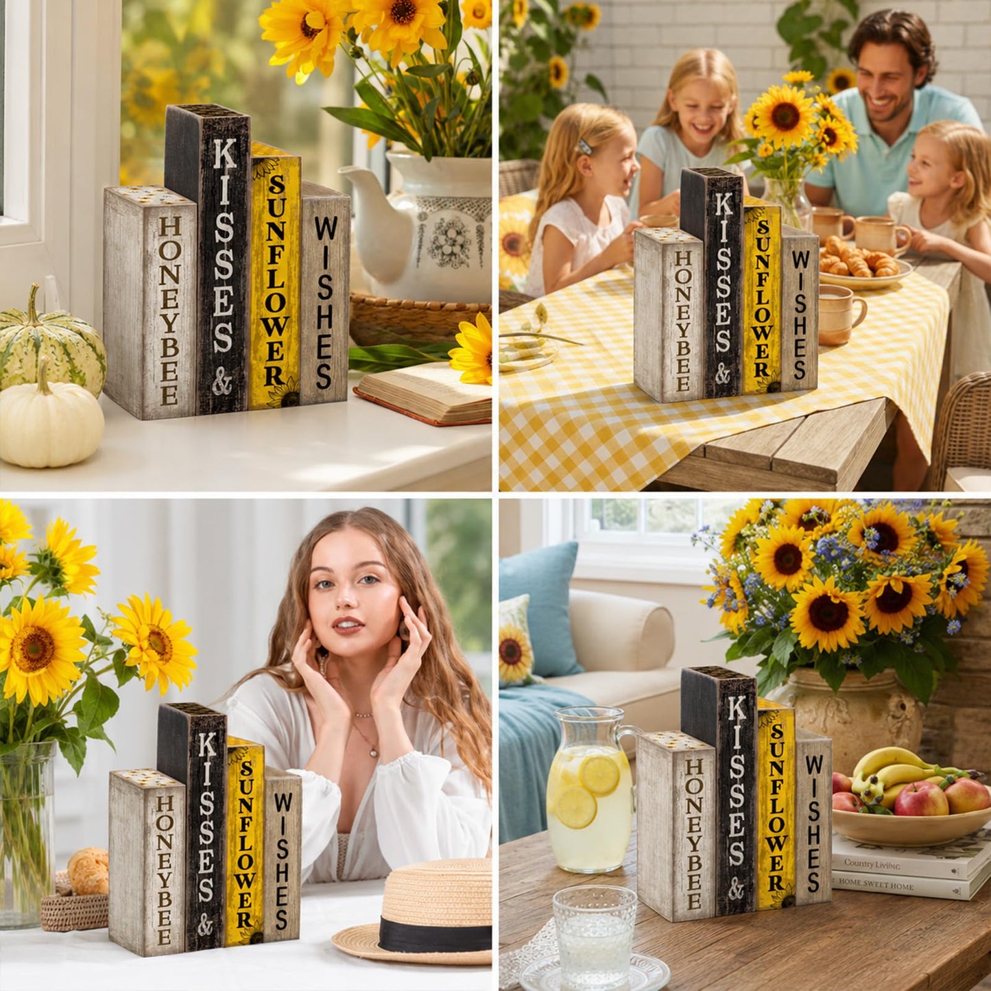 Lineshading 4 Pcs Summer Table Decoration Wooden Book Sunflower Decoration Yellow and Black Summer Tiered Tray Decor Wood Book Stack Farmhouse for Home Shelf Coffee Table