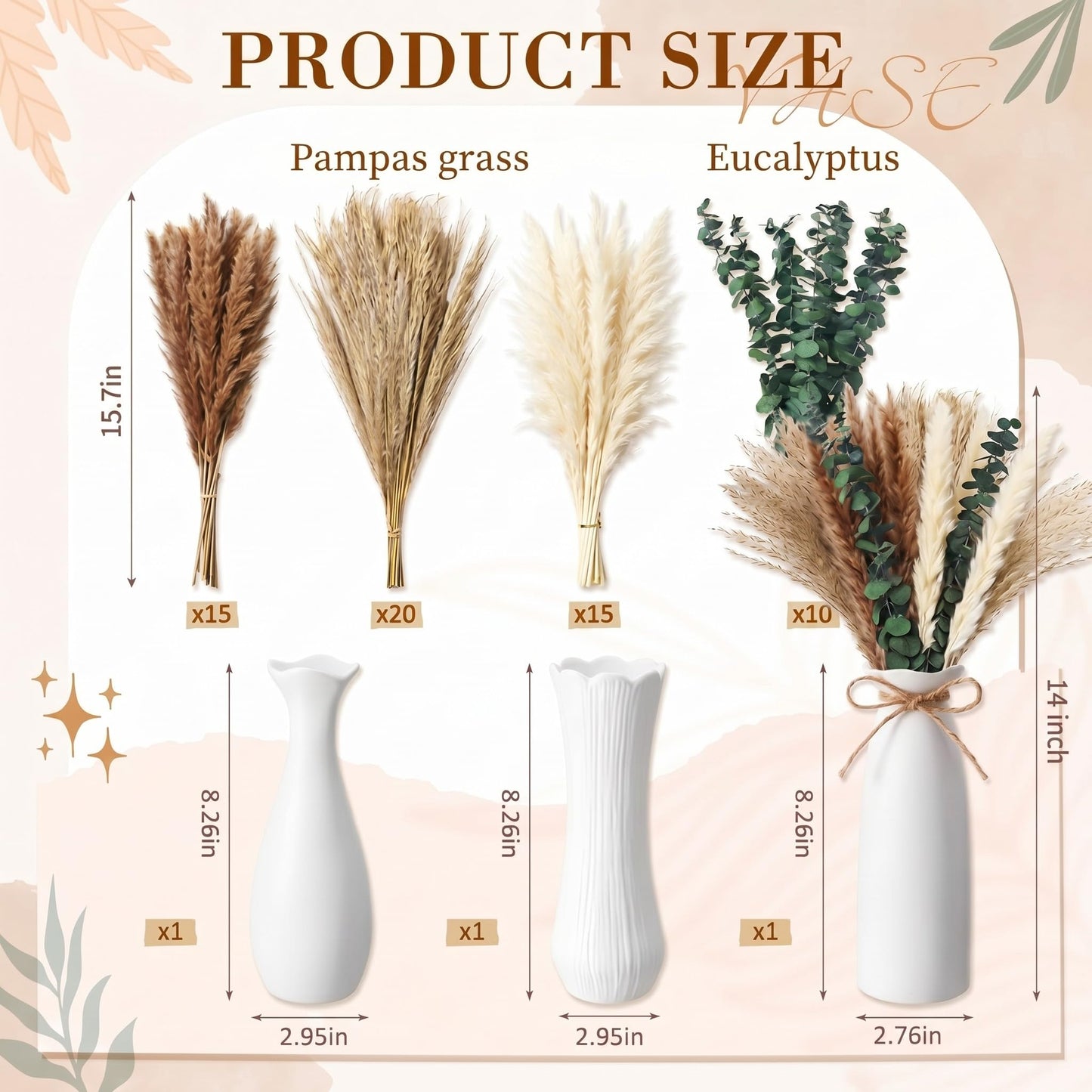Hushee 3 Set Pampas Grass Decor with Ceramic Vases, 60 Pcs Dried Pampas Grass Arrangement, Boho Decor Set for Farmhouse Living Room Table Centerpiece Entryway Shelf Decoration