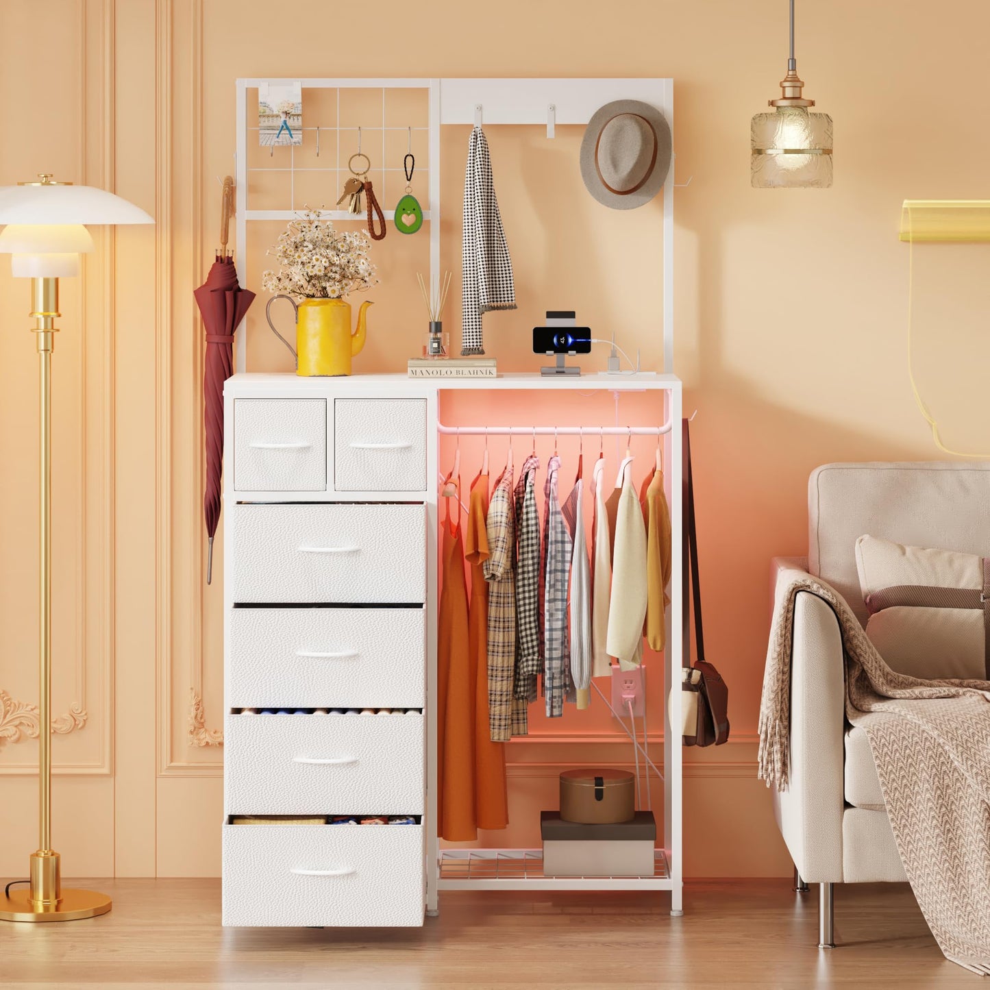 YAOHUOO Dresser with Hanging Rack, 6 Drawers Dresser with Charging Station, LED Light, Clothes Rack, Shoe Racks and Side Hooks for Entryway, Bedroom, White