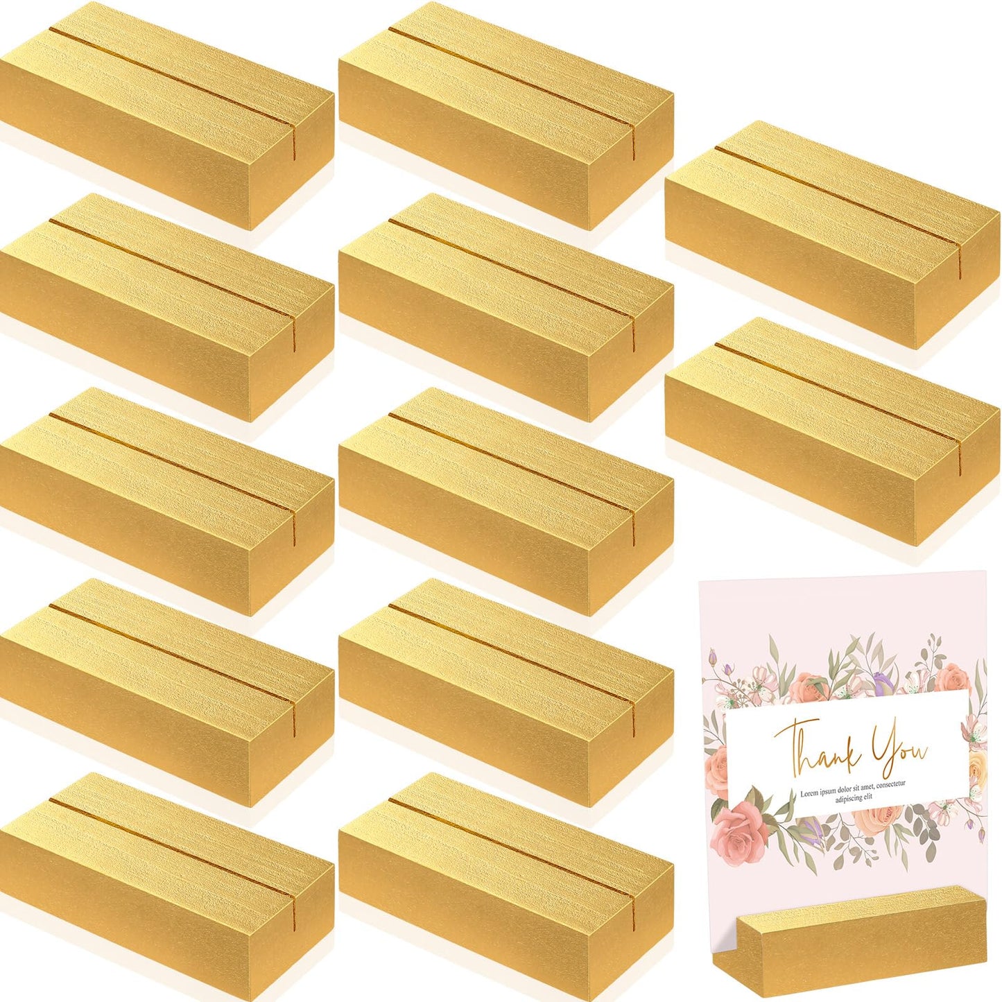 Zonon 12 Pcs Wood Place Card Holders Wooden Table Number Holder Stands Name for Wedding Party Events Exhibition Decoration Office Restaurant Business(Card,Gold,3 x 1.6 x 0.8 Inch)