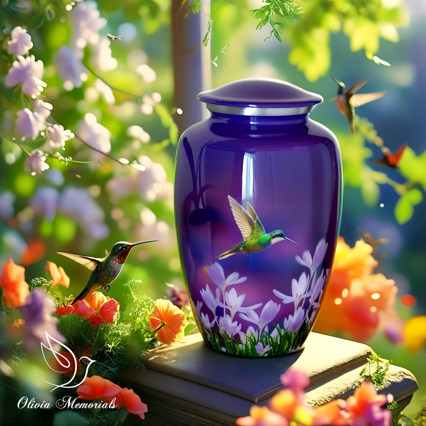 Olivia Memorials Urn for Ashes Women Men Adult | Hummingbird Urns for Female Male | Free Pendant Necklace | Human Funeral Decorative Purple Urna for Mom Dad Pet Dog
