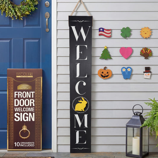 DECOLURE Welcome Sign for Front Porch - Tall Solid Wood Porch Door Sign with 10 Magnetic Seasonal & Holiday Pieces, Rustic Farmhouse Outdoor Decor for Year Round Welcoming Entryway (Porch Black)