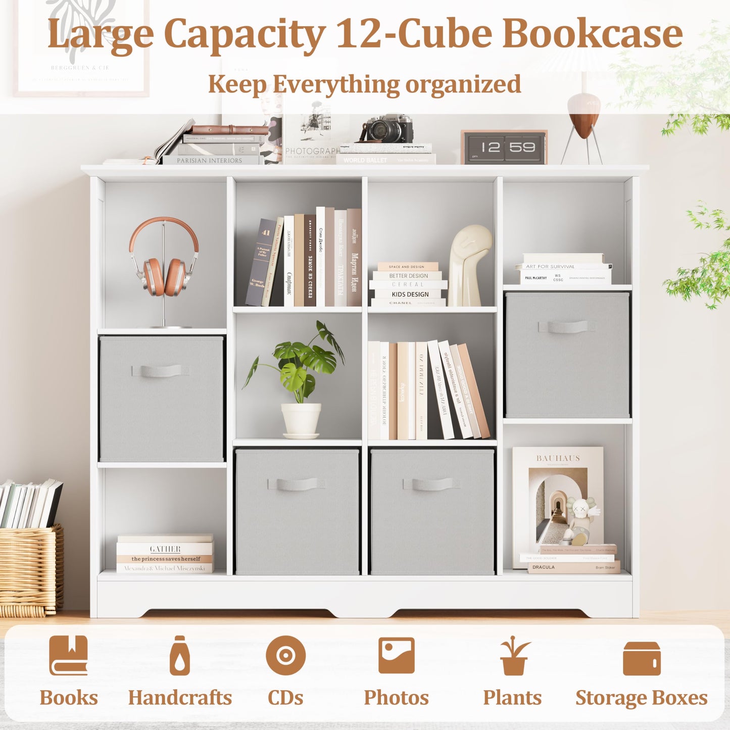 METOTI 12 Cube Storage Organizer Shelf, Wood Cubby Storage with 6 Fabric Drawers, 3 Tier Wooden Bookshelf with 2 Adjustable Shelves & Fluted Side Panels for Bedroom, Living Room, Home Office, Whtie