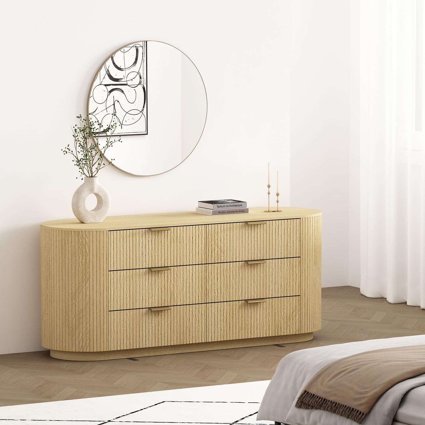 Manhattan Comfort Olivia 71” Wide Modern 6 Drawer Dresser with Wood Grain Finish, Ribbed Texture, Solid Wood Rounded Corners & Metal Handles, Chest of Drawers for Any Room, Natural Oak & Gold