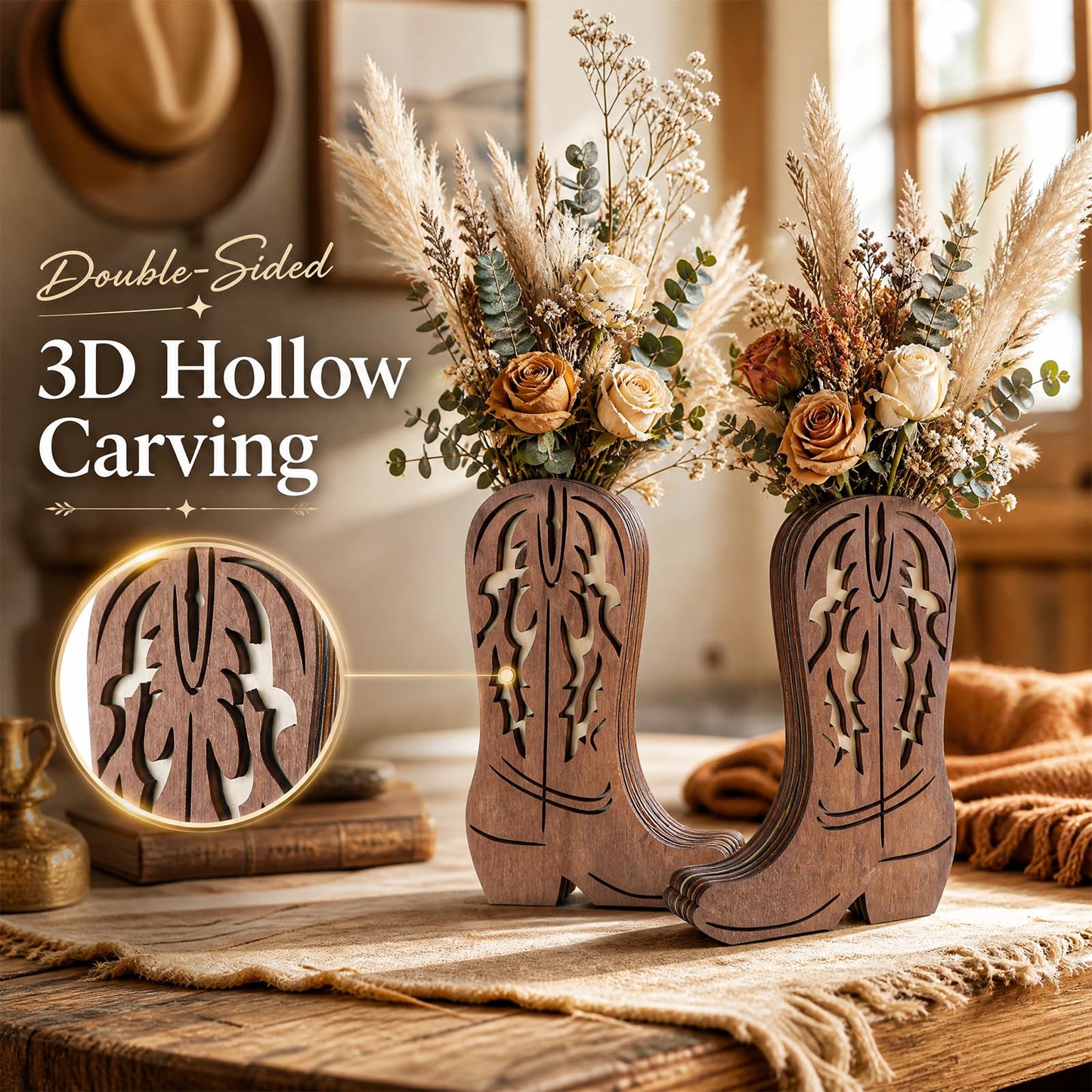 8Pack Wooden Cowboy Boot Vase 3D Hollow Carving, Western Country Boot Table Centerpiece Room Decor, Rustic Farmhouse Boho Style Fake Flower Vases for Baby Shower Wedding Dinner Party Home Decorations