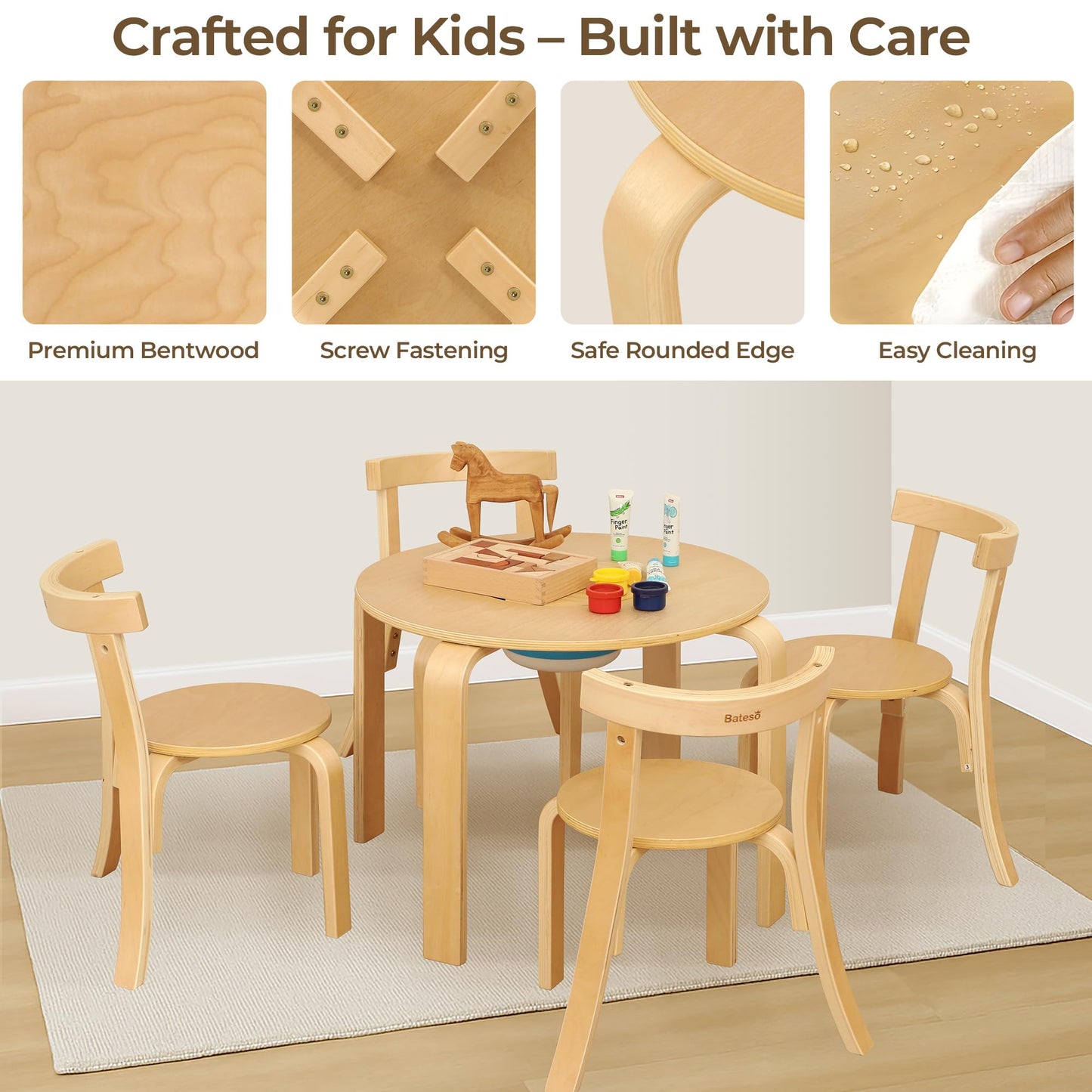 Bateso Kid Round Table and 4 Chairs Set with Storage Tub, Wooden Toddler Table Chair for Arts, Crafts, Eating, Learning, Kid Play and Activity Table for Home, Daycare or Playroom