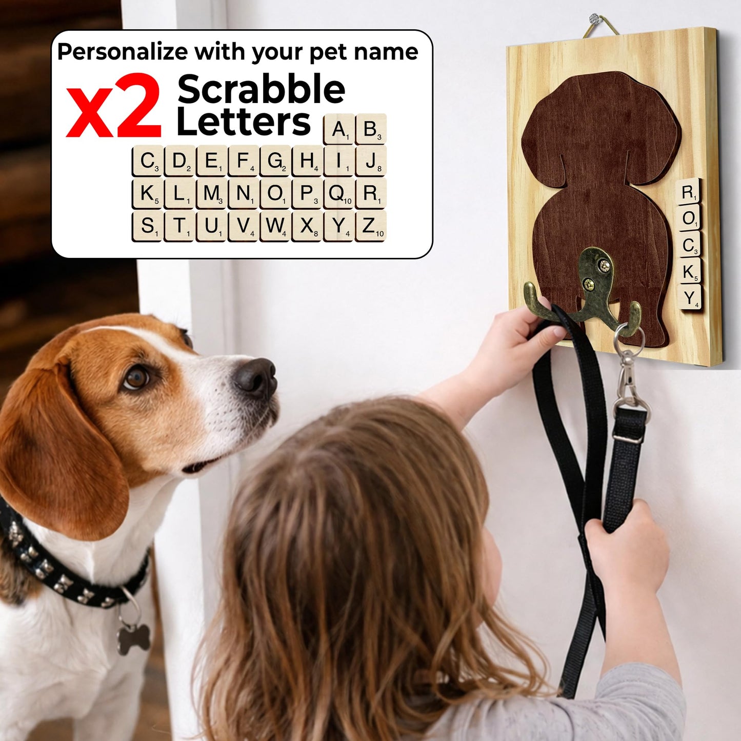 VINARTSVN Beagle Dog Leash Holder Wall Mount with Scrabble Letters, Wooden Dog Wall Hook Organizer, Pet Collar and Harness Hanger for Entryway, Key Hook Gift for Pet Lovers, Home Decoration PF297-8