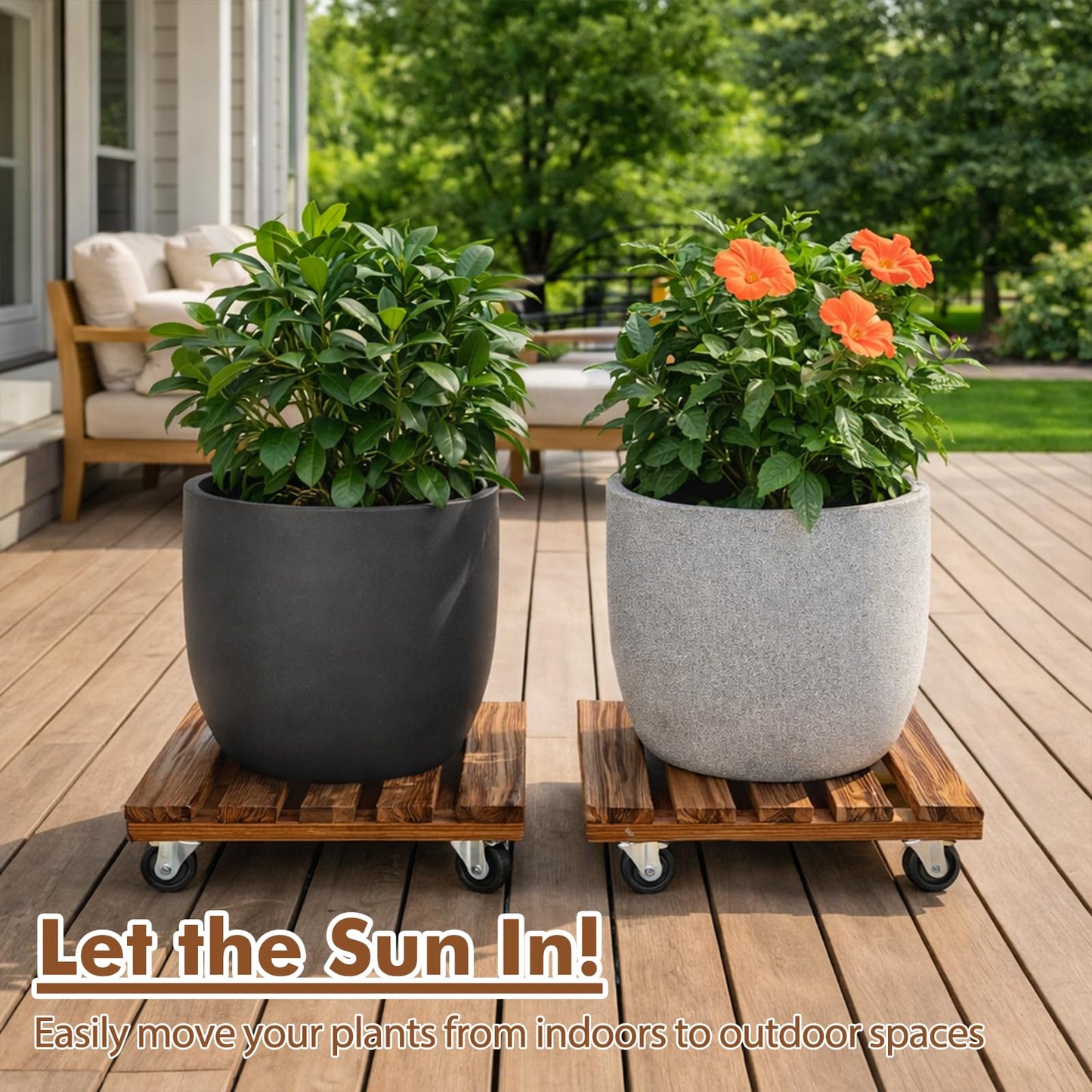 13.5 Inch Plant Caddy with Wheels, 4 Pack Rolling Plant Stand Rollers with Casters Wooden Plant Dolly with Wheels Heavy Duty Rolling Planter Base for Indoor & Outdoor Plants Square Wood Flower Stand