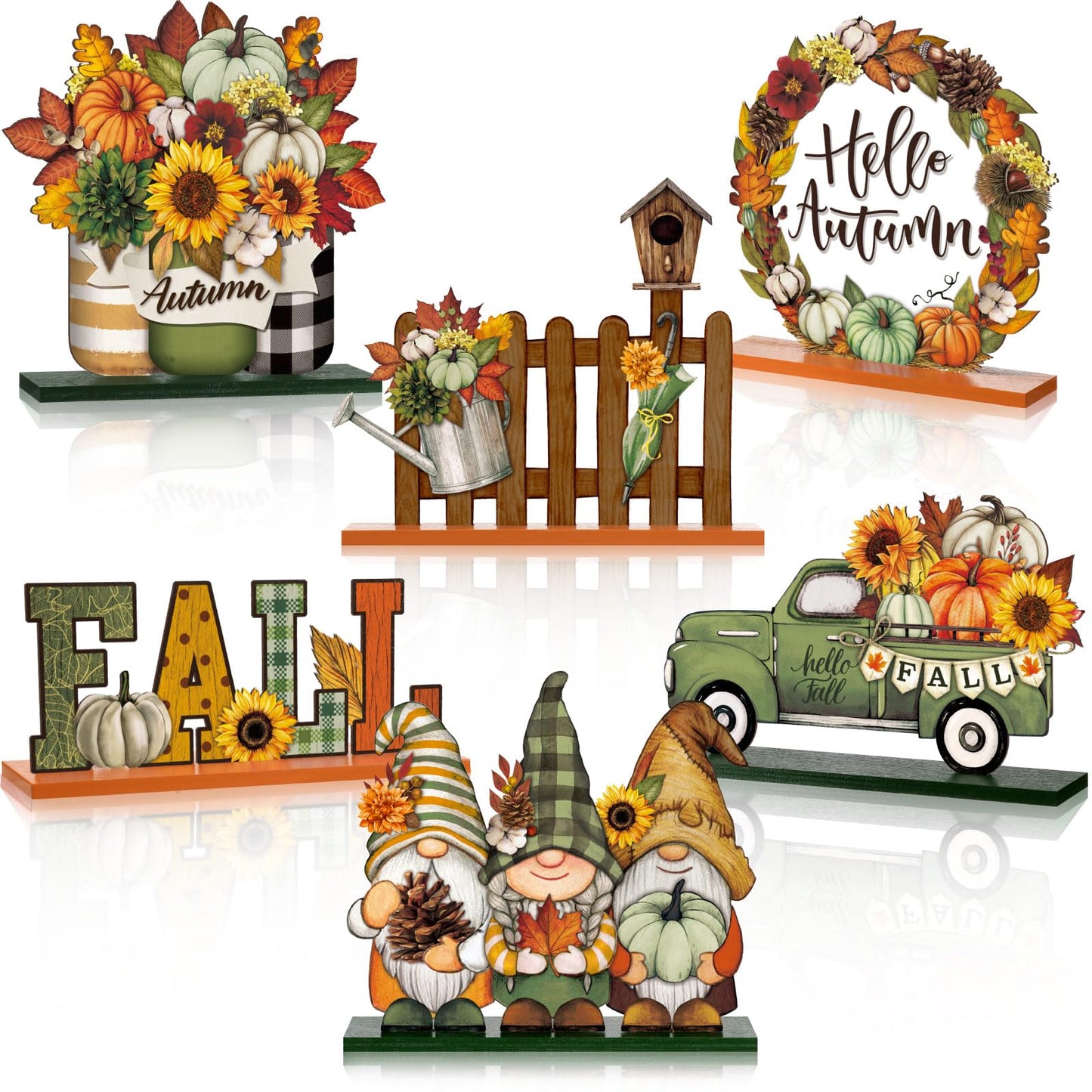 Wenqik 6 Pcs Fall Wooden Table Decorations, Hello Autumn Pumpkin Gnome Sunflower Maple Leaf Signs, Sage Green Thanksgiving Tiered Tray Decor Rustic Farmhouse Centerpiece for Home Kitchen Shelf Desk