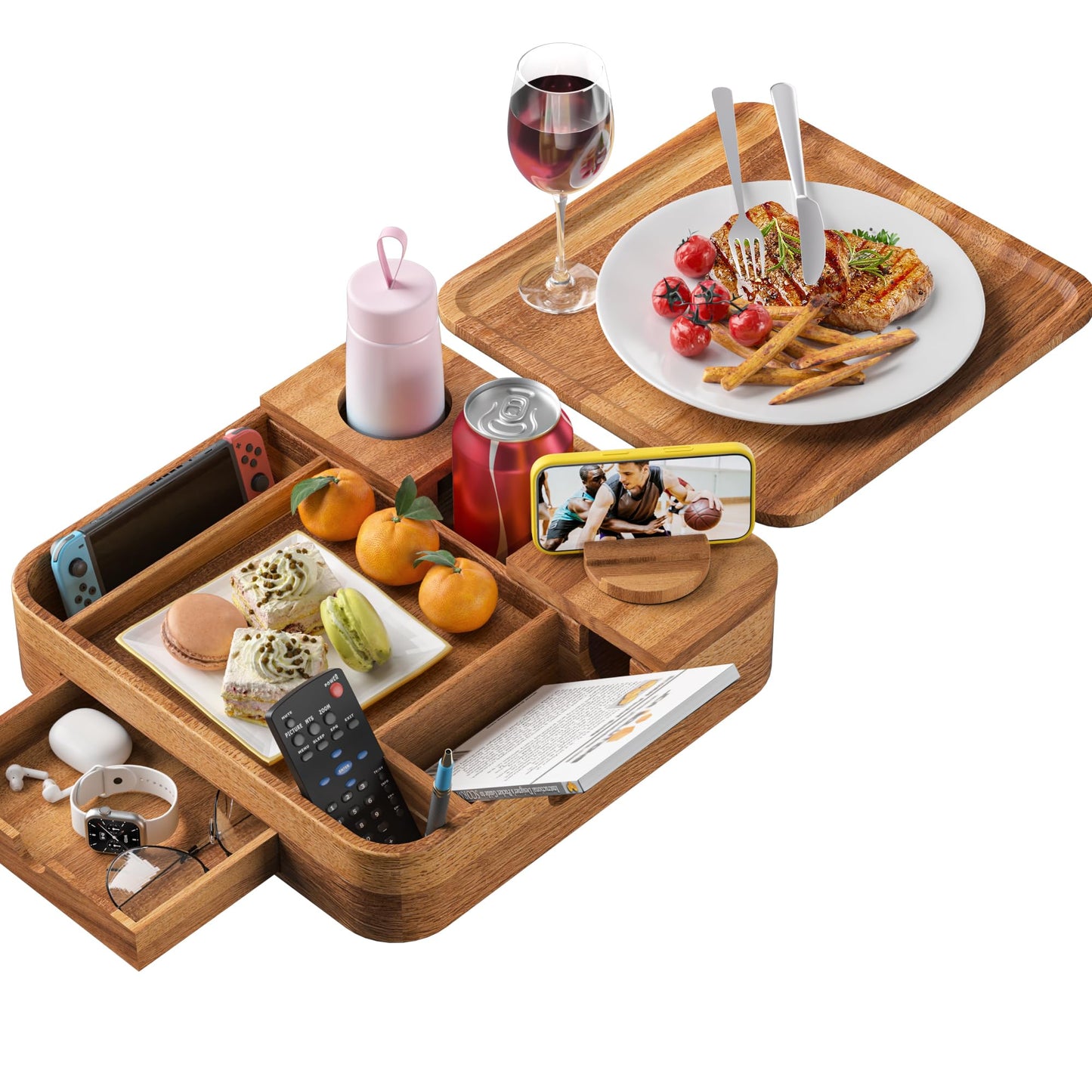 Couch Cup Holder, Couch Tray Cup Holder Sofa Tray, Acacia Wood Large Capacity 2-Tier Wooden Trays with Drawer for Sofa, Bed, Picnic, Drinks, Snacks, Remote, Cell Phone 12.5 * 12.5 in